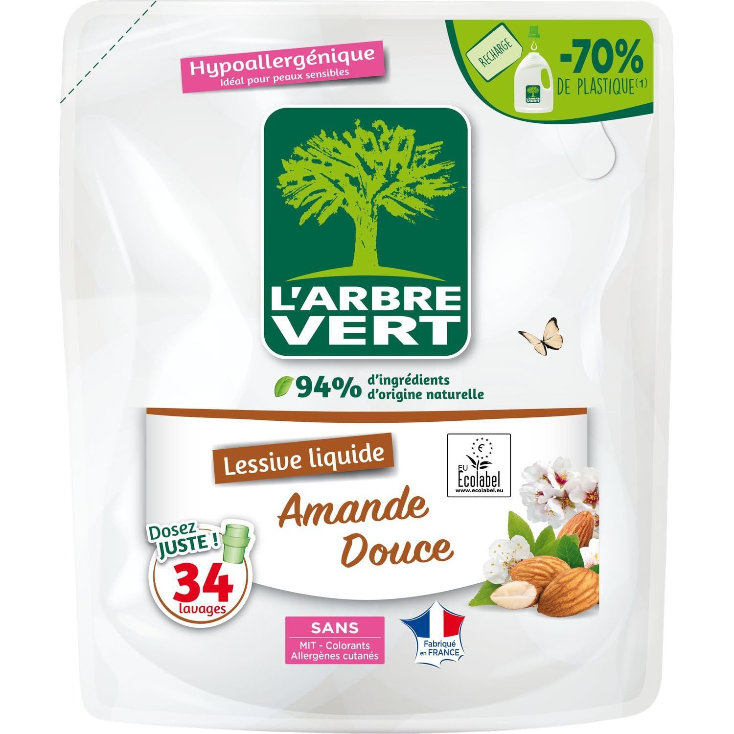 L'ARBRE VERT – Lessive Liquide Hypoallergénique à l'Amande Douce, Respect de la Peau et Environnement (Recharge 1.53L) - Lot de 3 - vendu par Lot