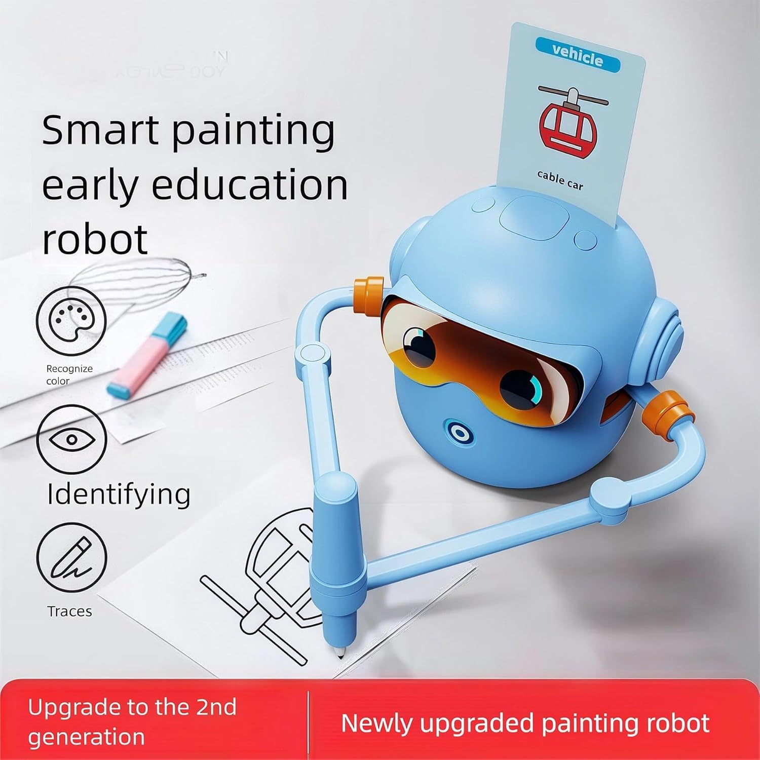 Drawing Robot for Kids Montessori Painting Toys Voice Interactive Educational Drawing Machine with 100 Word Cards,12 Colorful Pens & Music-for 3 4 5 6 7 8 Year Old Boys Girls Gift (Blue)