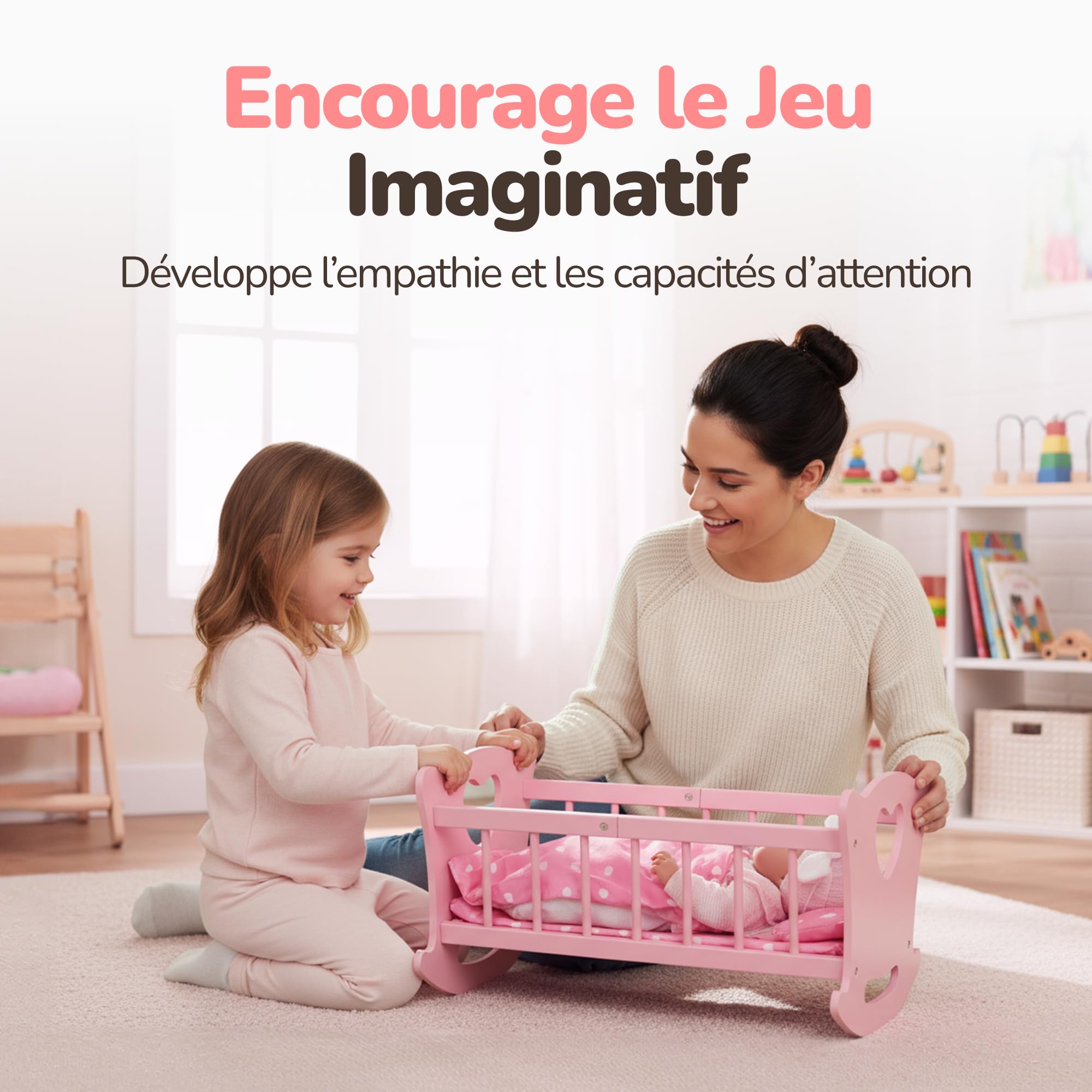 Kinderplay Berceau de poupée en Bois avec Parure de lit - Lit à Bascule pour poupées jusqu'à 49,5 cm - Jouet en Bois Durable pour Filles à partir de 3 Ans - Lit de poupée avec Matelas, Coussin et