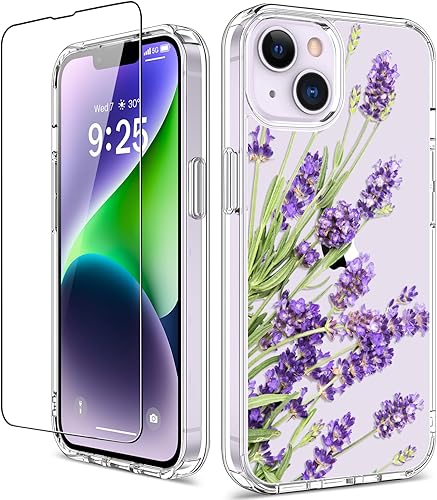 GiiKa Funda para iPhone 14 con protector de pantalla, 6.1 pulgadas, transparente, de cuerpo completo, a prueba de golpes, diseño floral, para niñas