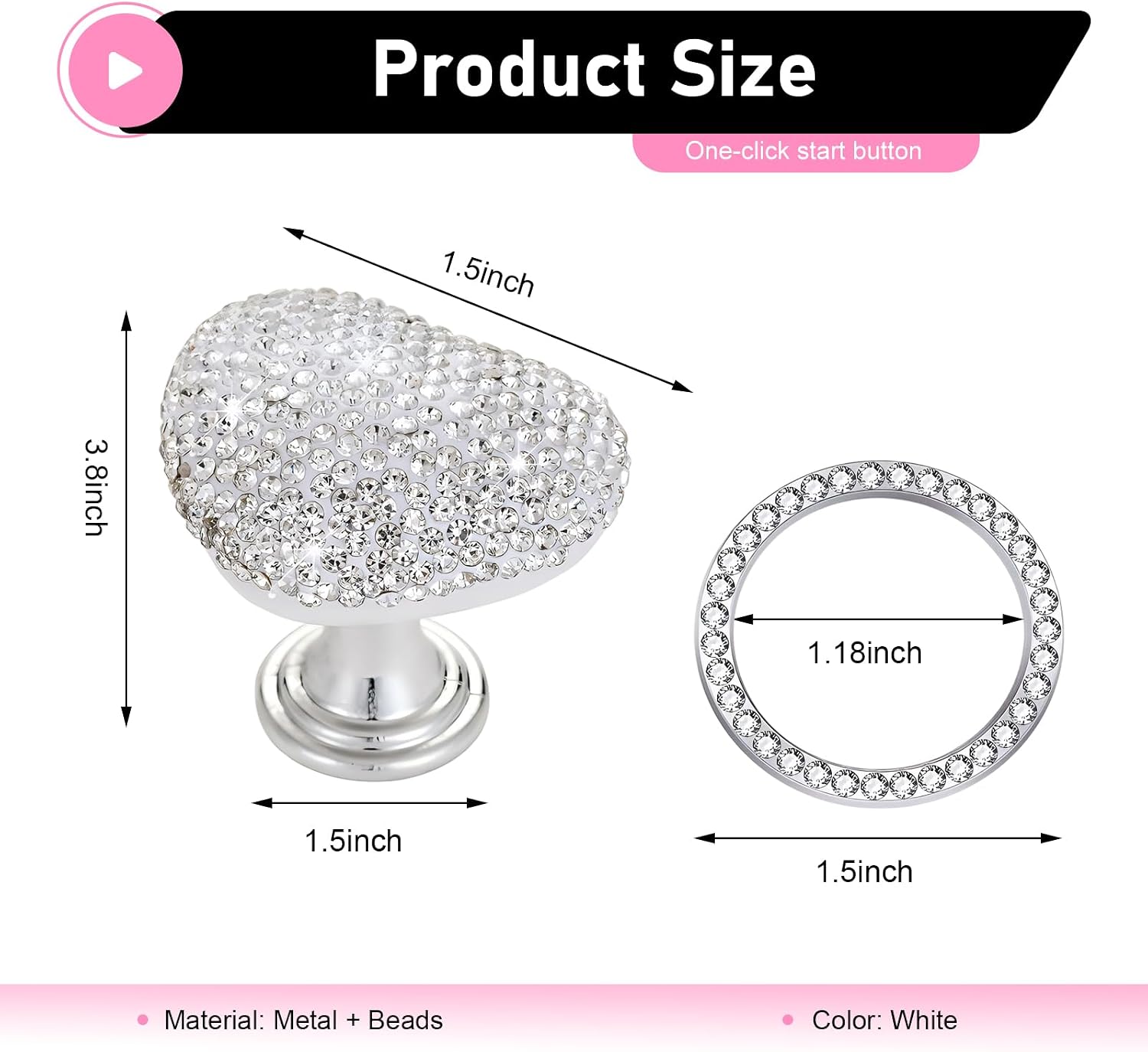 Heart Shape Car Engine Start Button Cover, Bling Rhinestone Ignition Button Protector, Creative Fashion Ignition Switch Accessories with Decorative Ring, for Women Girl (White) image 2