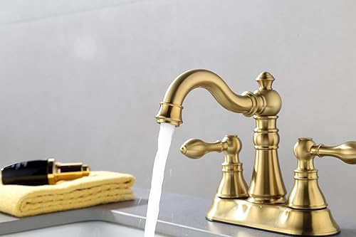 Miniatura 6 de Grifo de baño dorado cepillado de dos manijas de 3 agujeros con drenaje desplegable de desbordamiento de plástico, grifo giratorio para fregadero de
