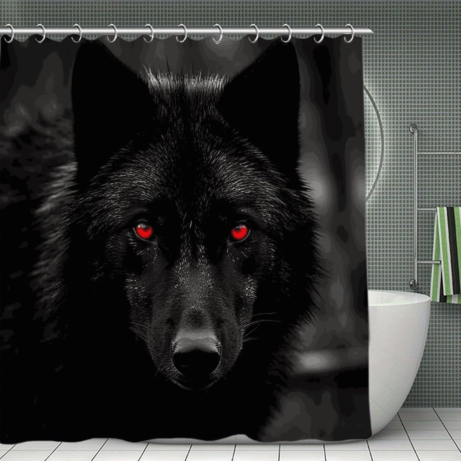 VstaDank Black Red Eyed Wolf Shower Curtain Light-Weight Blackout Bathroom Curtain Washable Shower Liner 71x71 Inch Bath Curtain with Metal Holes Bathtub Bath Room
