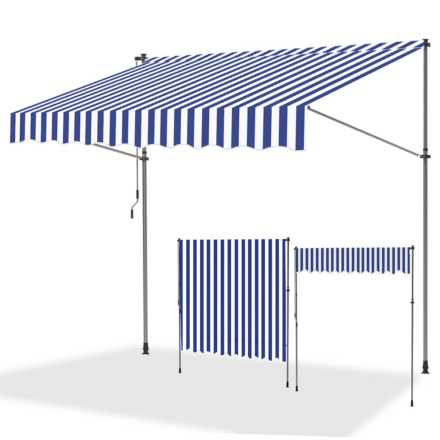 ISOISL Klemmmarkise 300 cm breit, Balkonmarkise mit Handkurbel, UV-beständig, Höhenverstellbar, Sonnenschutz und Wasserdicht Markise Balkon ohne Bohren für Balkon Terrasse Garten(Blau Weiß)