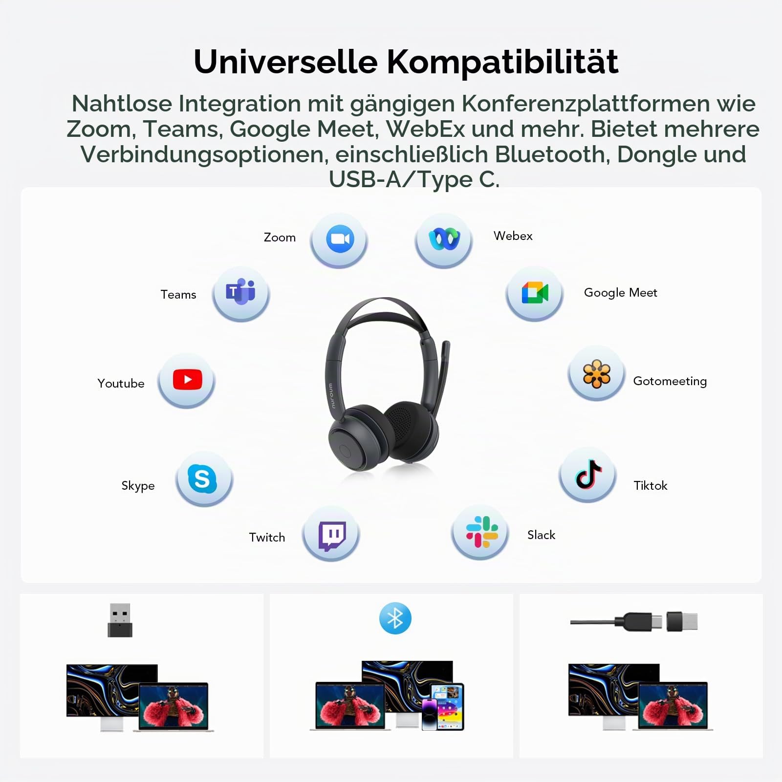 Nuroum HP31DU(2nd Gen) Bluetooth Headset mit Mikrofon Wireless, Geräuschunterdrückende Mikrofone für Anrufe mit Mute/USB Dongle Dual-Verbindung, 45H Laufzeit, Kabelloses Headset für PC/Mac/Laptop