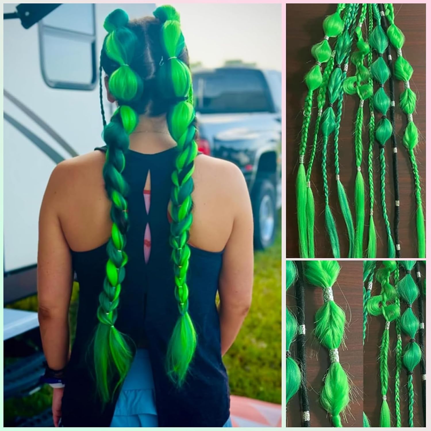 Green+Light Green Pre stretched Braiding Hair 2 Packs Pre feathered Braid Hair Extensions 30 Inches Hair Braids