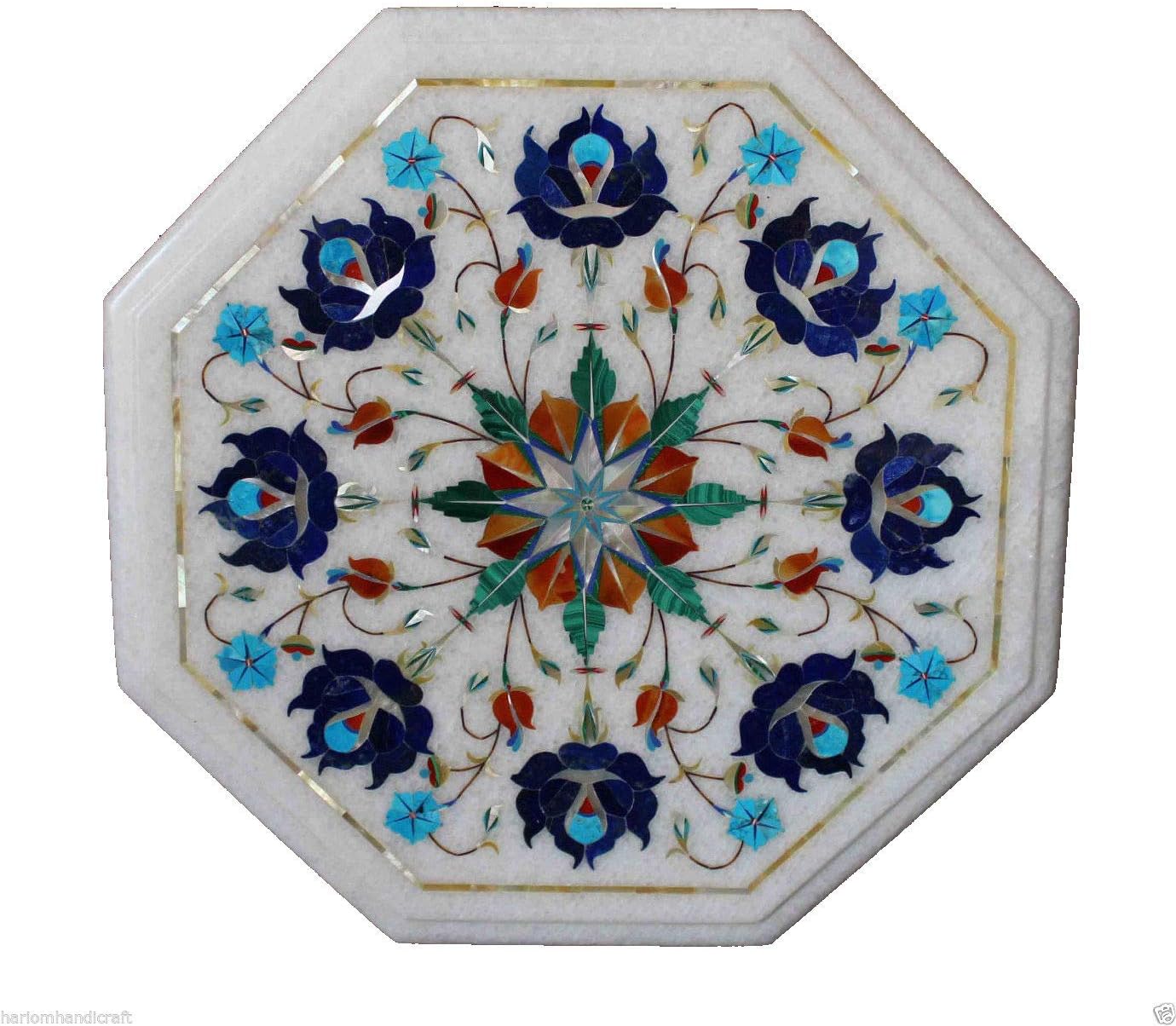 15" inch White Marble Lapis Lazuli Inlay Table Top for Center, Dinning, Patio Table, Living Room Furniture, Pietra Dura Art, Mughal Art