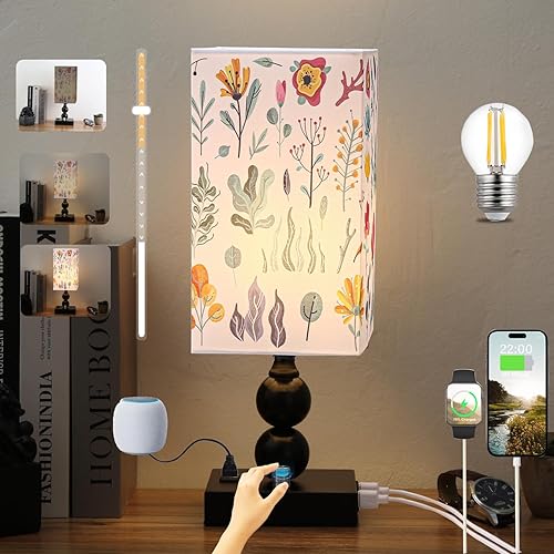 Lámpara de mesita de noche regulable con estación de carga, lámparas de mesa de noche de escritorio de extremo pequeño con puertos USB y salidas