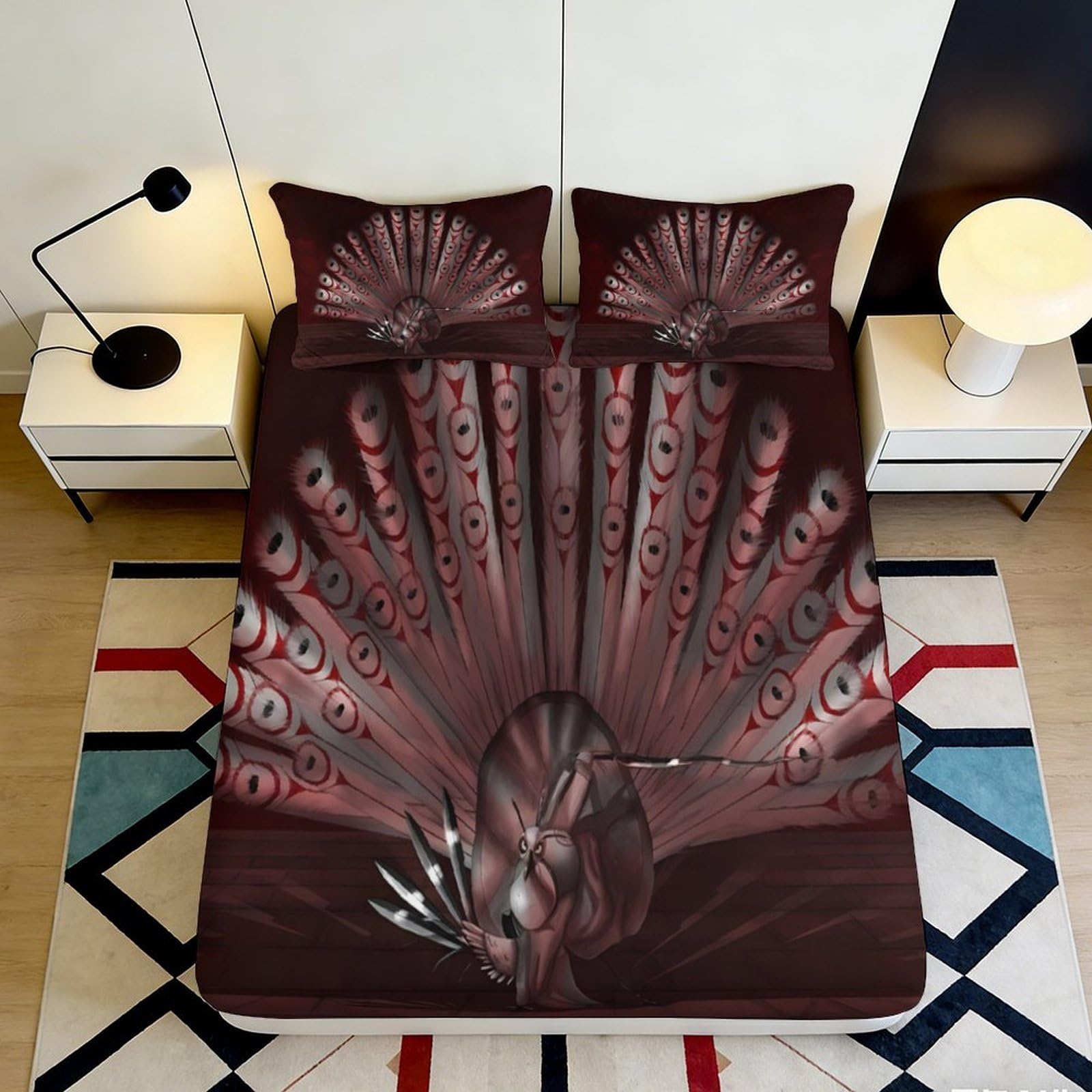 3D Printed Brown Peacock Feather Fitted Sheet Microfiber Soft Breathable Bed Cover for Bedroom Guest Room Decor 90x200x25cm