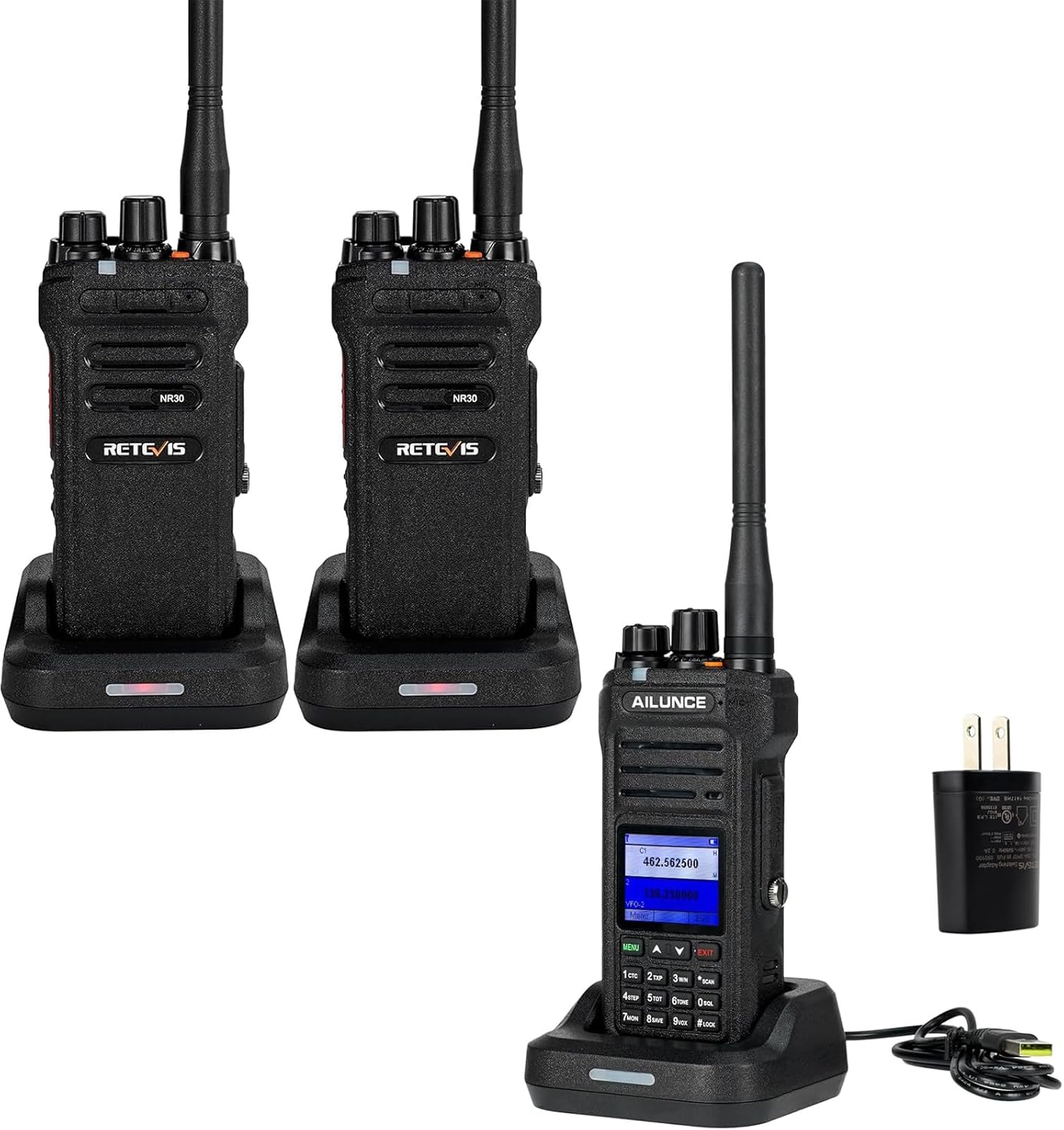 Retevis NR30 GMRS 2 Way Radio(2 Pack) Bundle with Retevis Ailunce HA1G GMRS Handheld Radio(1 Pack), USB-C Rechargeable 2800mAh Battery, IP67 Waterproof, Long Range Walkie Talkies for Outdoor