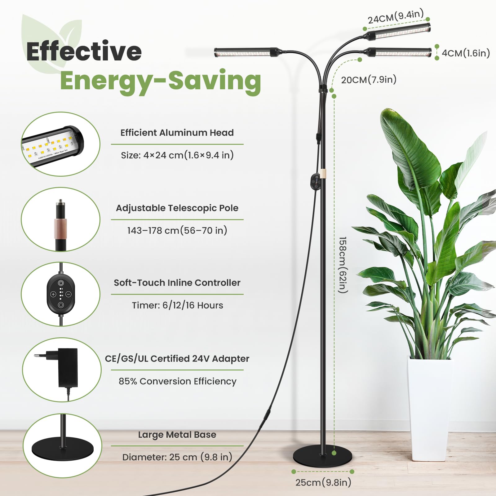 Grande lampada per piante 24V da interno, spettro completo potenziato 660 nm, LED LM281B+, timer e dimmer, altezza regolabile 56–178 cm, base 25 cm, 28W, 560 µmol/m²/s @15 cm