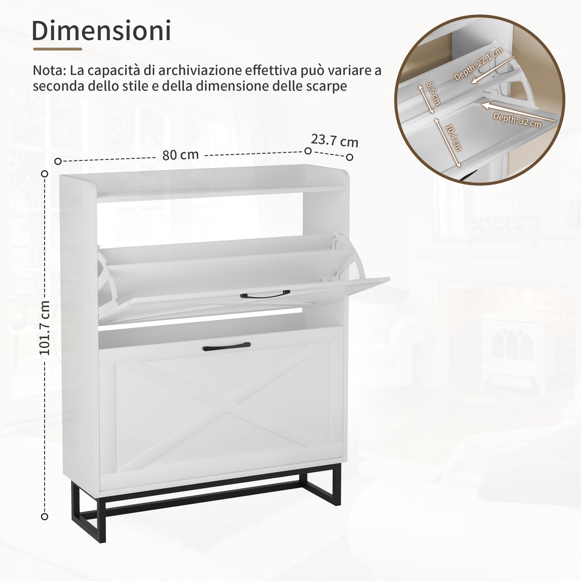 BonVache Scarpiera Salvaspazio Slim in Legno, 2 Ante Scanalate a Ribalta, Scarpiera con 2 piattaforme regolabili, piedini in metallo, per corridoio, ingresso, 80 x 23,8 x 101,7 cm, Bianco