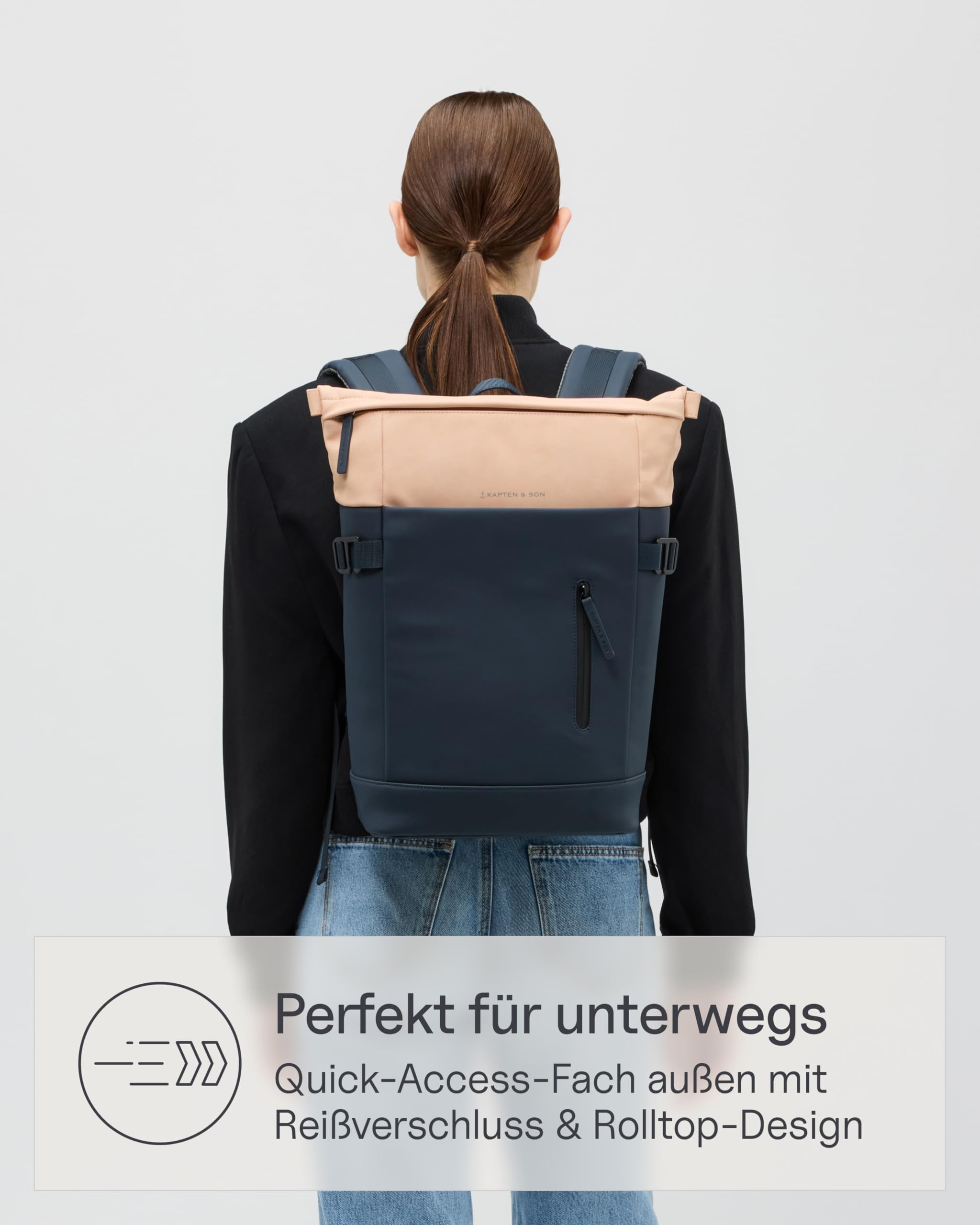 Kapten & Son Rucksack Aarhus Navy Blush 14 L | Rucksack Damen & Herren Blau | Rolltop mit 14" Laptopfach | Backpack ideal für Reisen, City, Uni, Arbeit | wasserabweisend