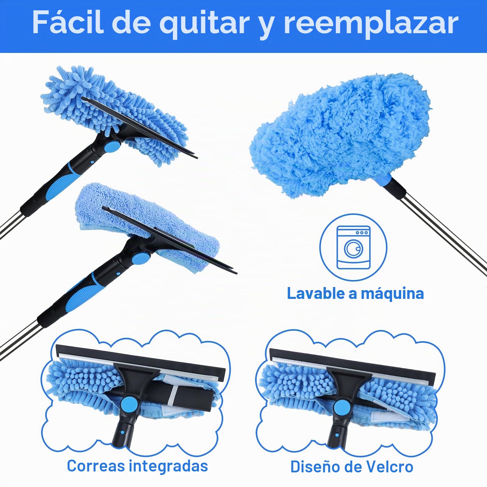 Limpiacristales con Mango Extensible 4.3 M, Limpiador de Ventanas 4 en 1 Limpia Cristales Ventanas, Kit Limpiacristales Telescopico Profesional con Escobilla de Silicona & Paños de Microfibra