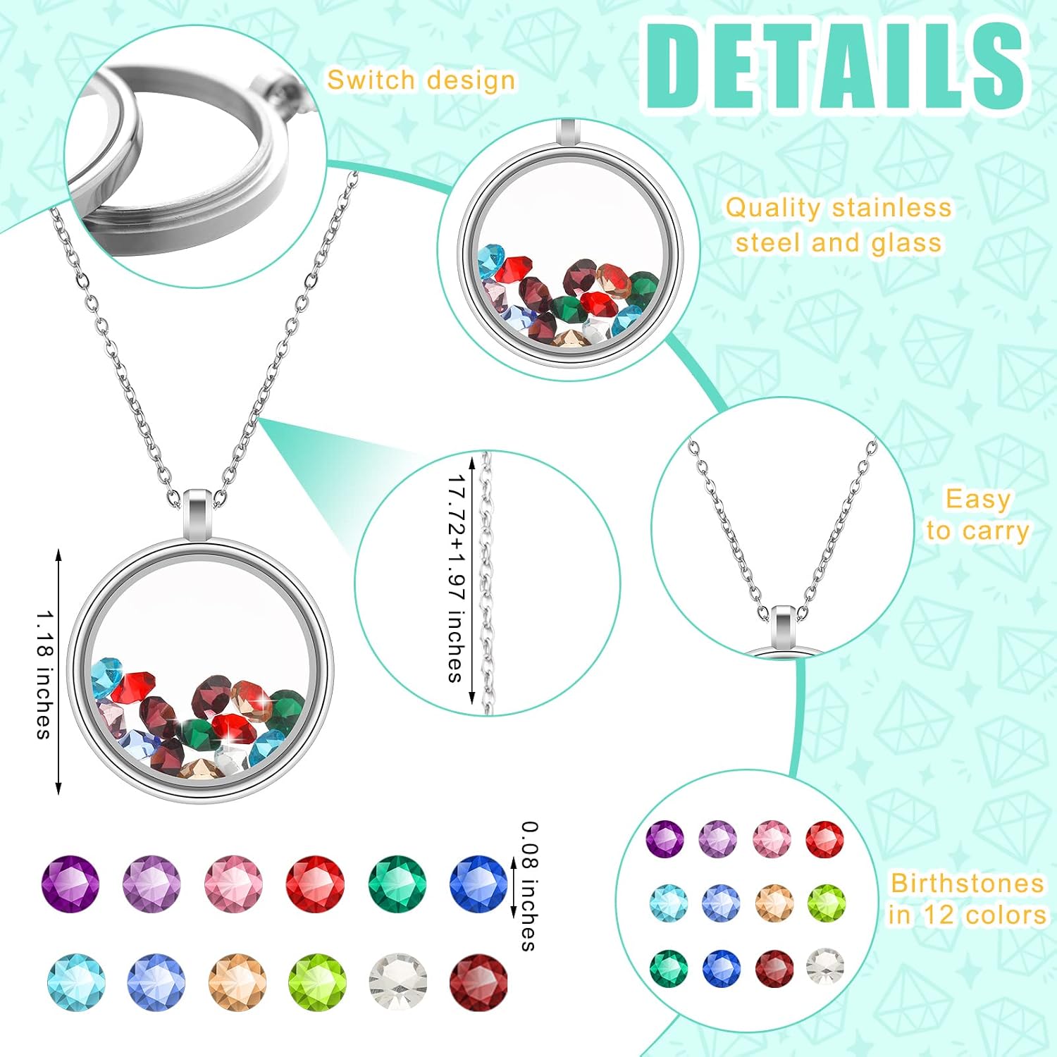 Highergo 6 Pcs Locket Necklace DIY Floating Round Locket Pendant Floating Memory Necklace for Women Friendship Memory Nostalgic