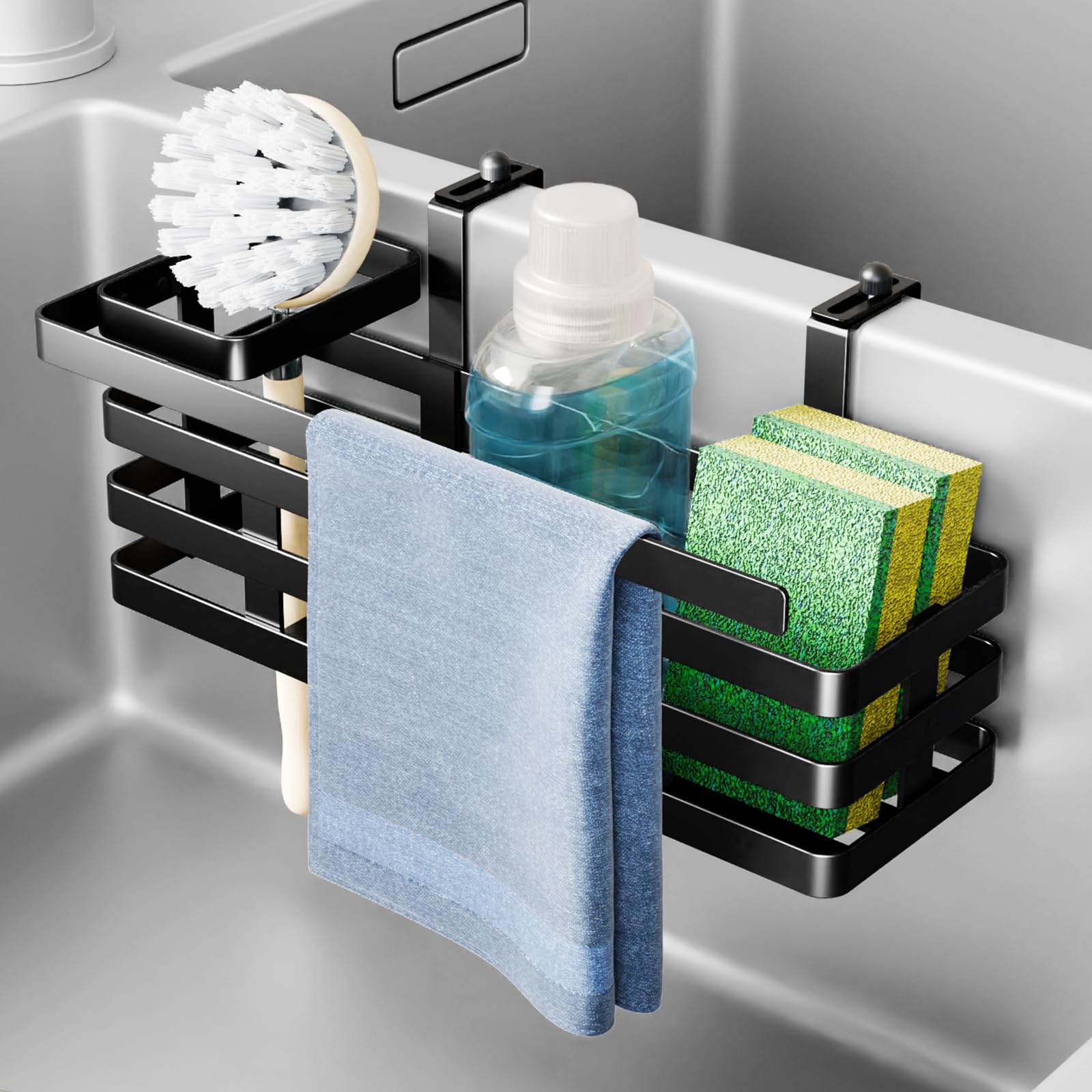 NiHome Over Sink Divider Sponge Holder for Sponges Brushes Accessories Multi-Compartment Storage Caddy for Double Sinks Fast Drainage