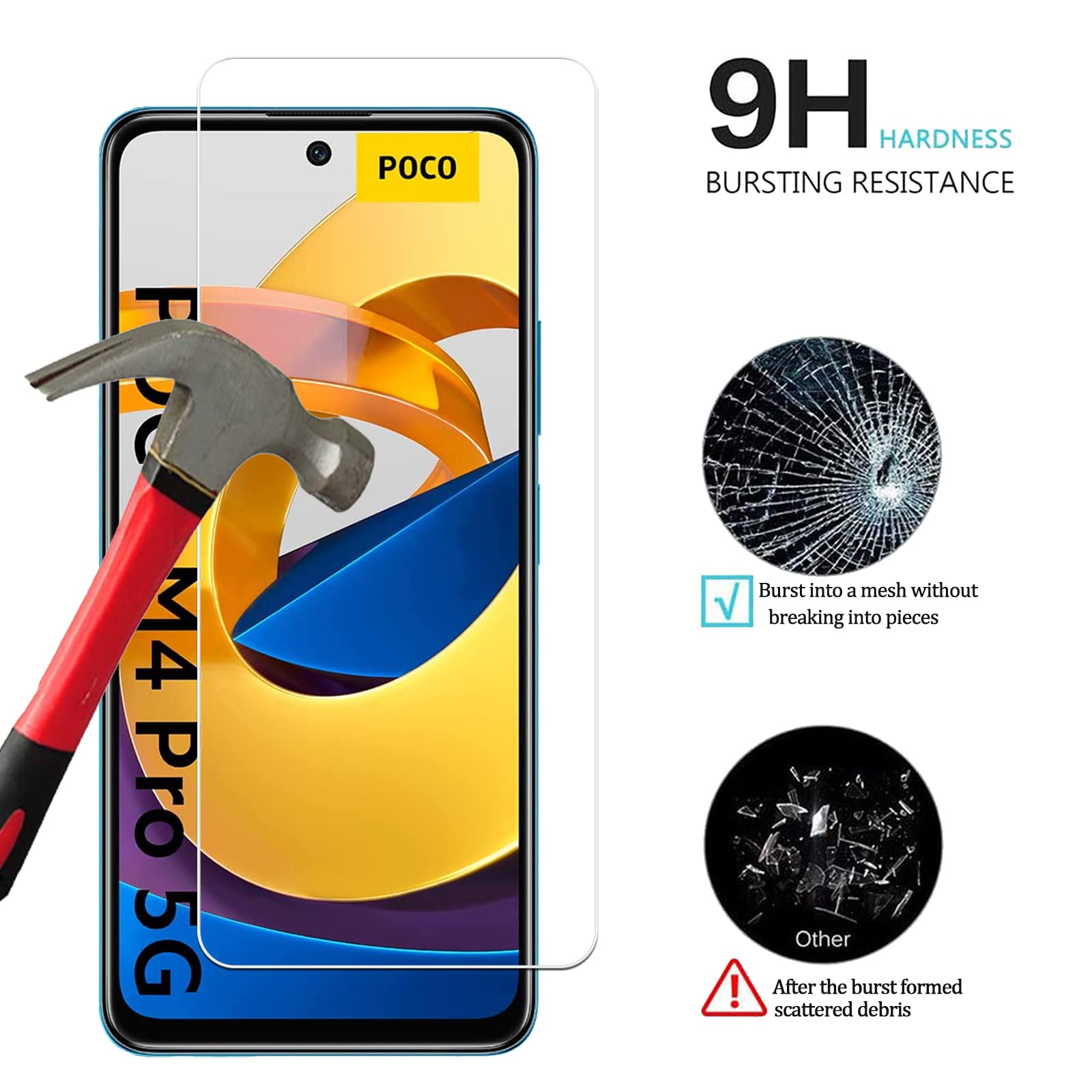 Protezione Schermo In Vetro Temperato 9H Per POCO M4 5G – 3 Pezzi, Trasparente HD, Anti Impronta, Facile Installazione, Compatibile Con Custodie - 3