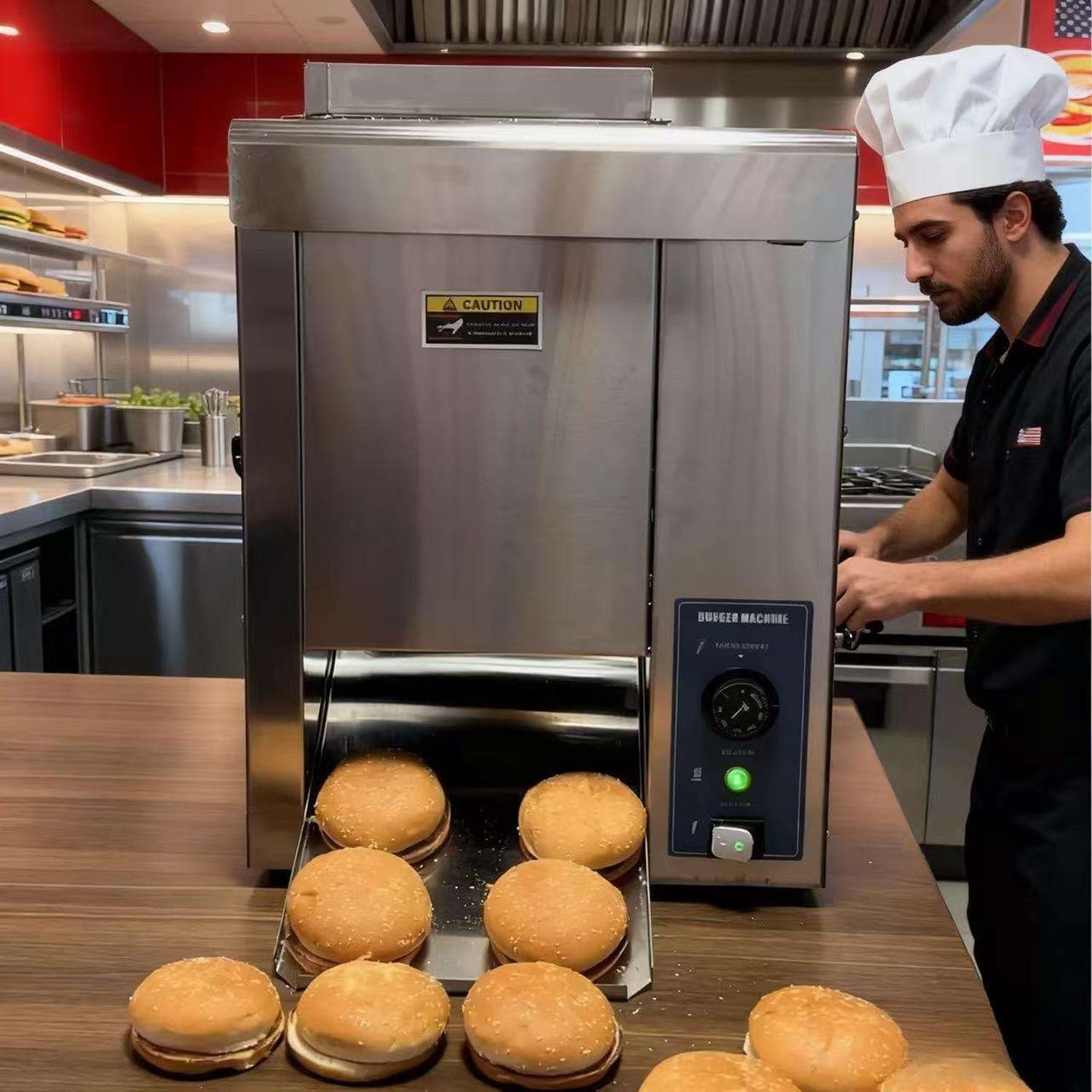 Tostadora de Pan de Hamburguesa Comercial, máquina eléctrica Vertical para Hornear Pan Hamburguesa, 2000W,Grosor Ajustable de 14,2 mm a 22,6 mm, para panaderías y Cadenas de Comida rápida