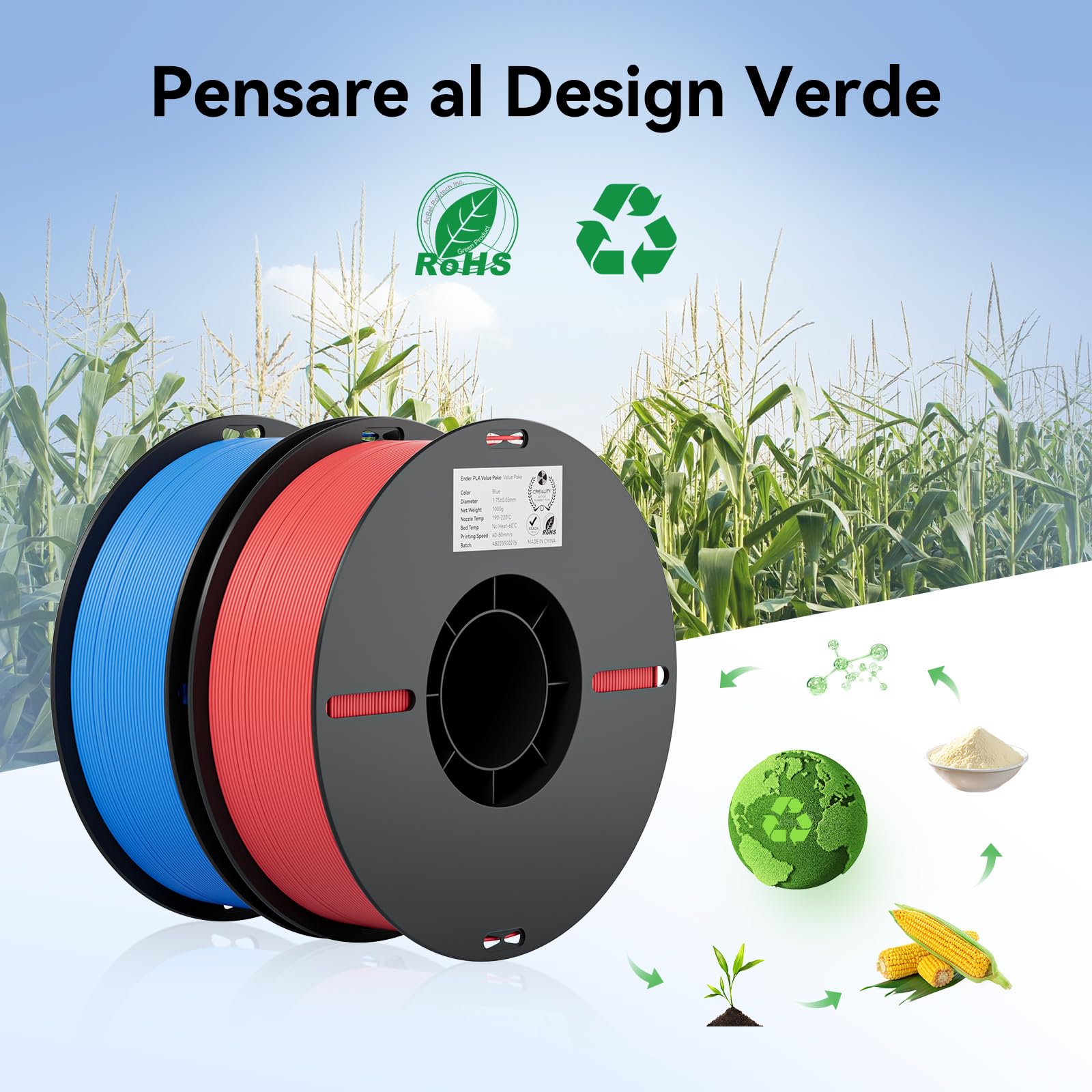 Creality Ender PLA Filamento 1,75 mm per Stampante 3D, Bobina 4 kg (8,8 libbre), Dimensionale +/- 0,02 mm, Adatta alla Maggior Parte delle Stampanti 3D (Nero+Bianco+Grigio+Giallo)