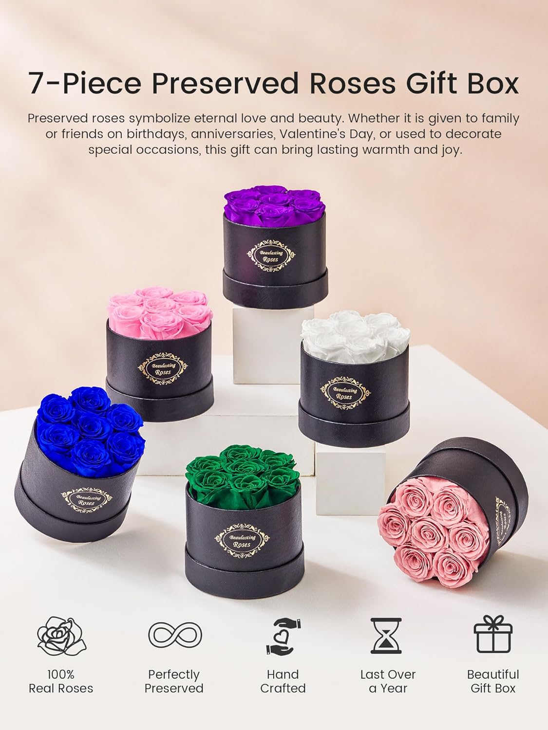 Beaulasting Long Lasting Preserved Roses in a Box Last a Year Forever Flowers for Her Mom Wife Anniversary Birthday (Round Black Box, Royal Blue) - Image 6