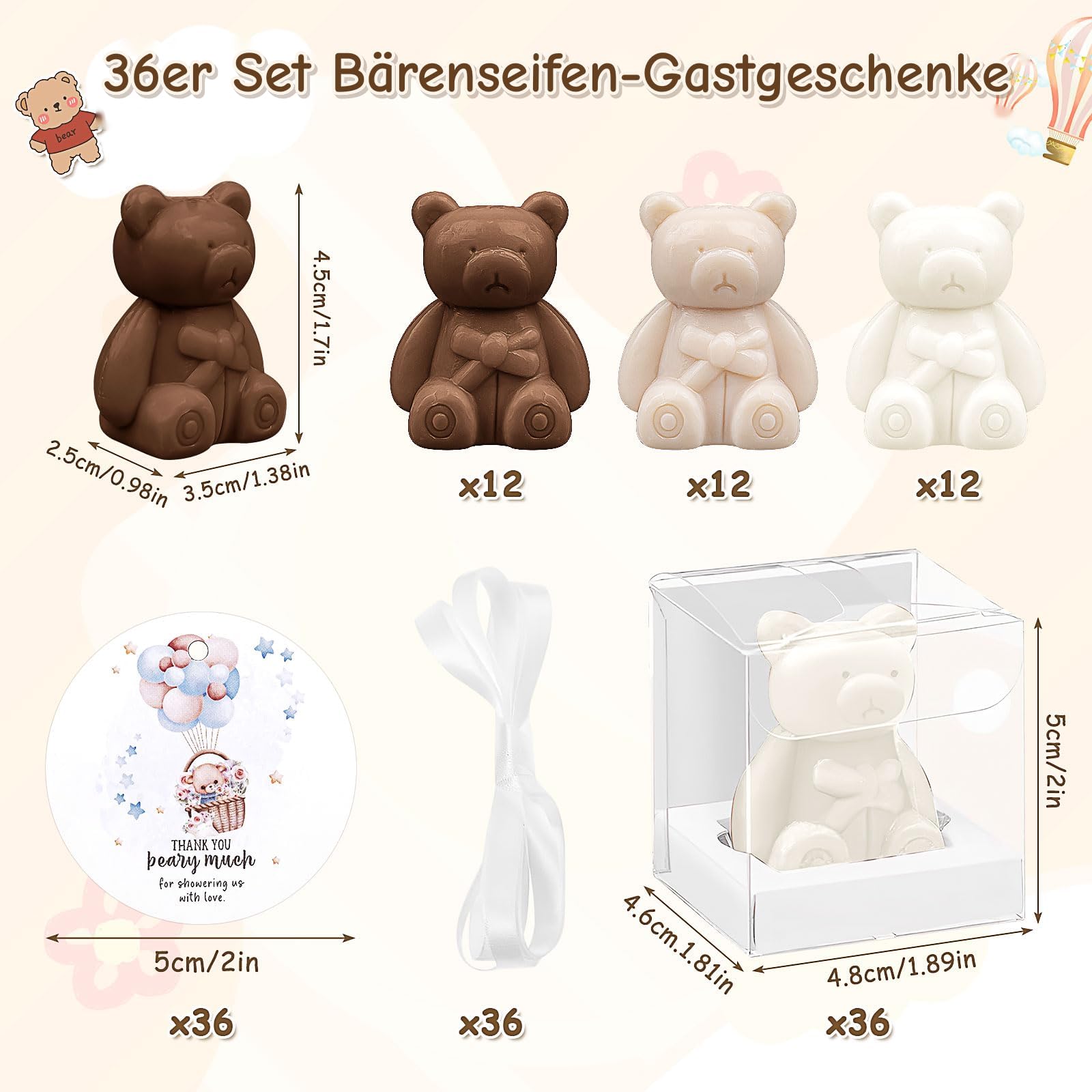 36 Stück Bären Seife Babyparty Gastgeschenke, Mini Baby Shower Bärenseife mit Geschenkbox Dankeskarten, Kleine Duftend Seife für Jungen Mädchen Gender Reveal Taufe Gäste Mitgebsel, Weiß & Braun
