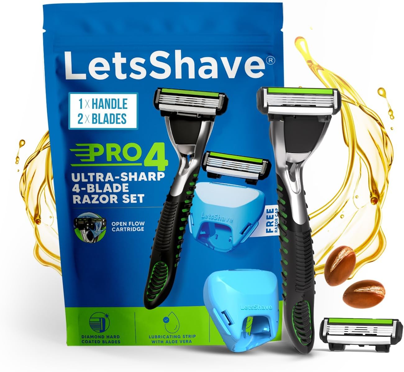 Pro 4 Manual Shaving Kit for Men | 1 Handle + 2 Cartridges | 4-Blade Open Flow Architecture | Full Body Grooming | Rubber Guard