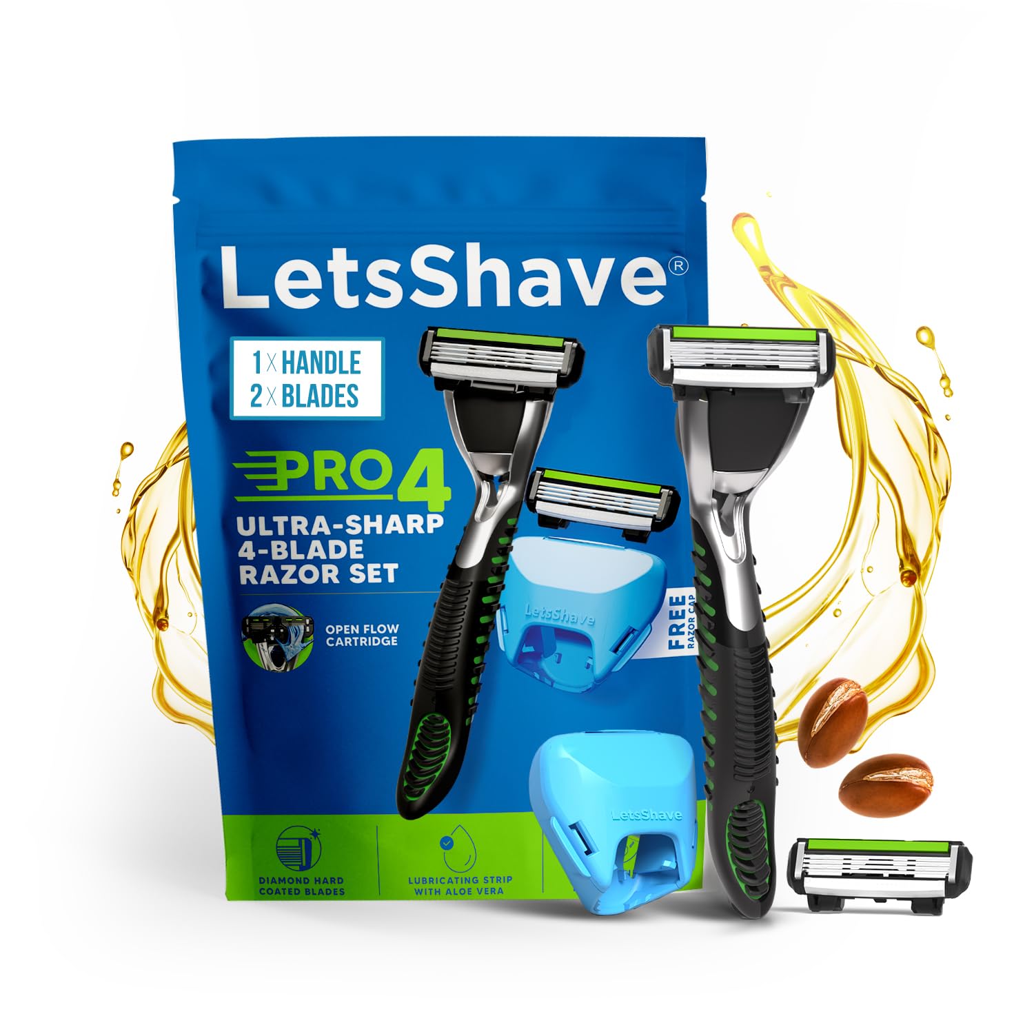 LetsShave Pro 4 Manual Shaving Kit for Men | 1 Handle + 2 Cartridges | 4-Blade Open Flow Architecture | Full Body Grooming | Rubber Guard