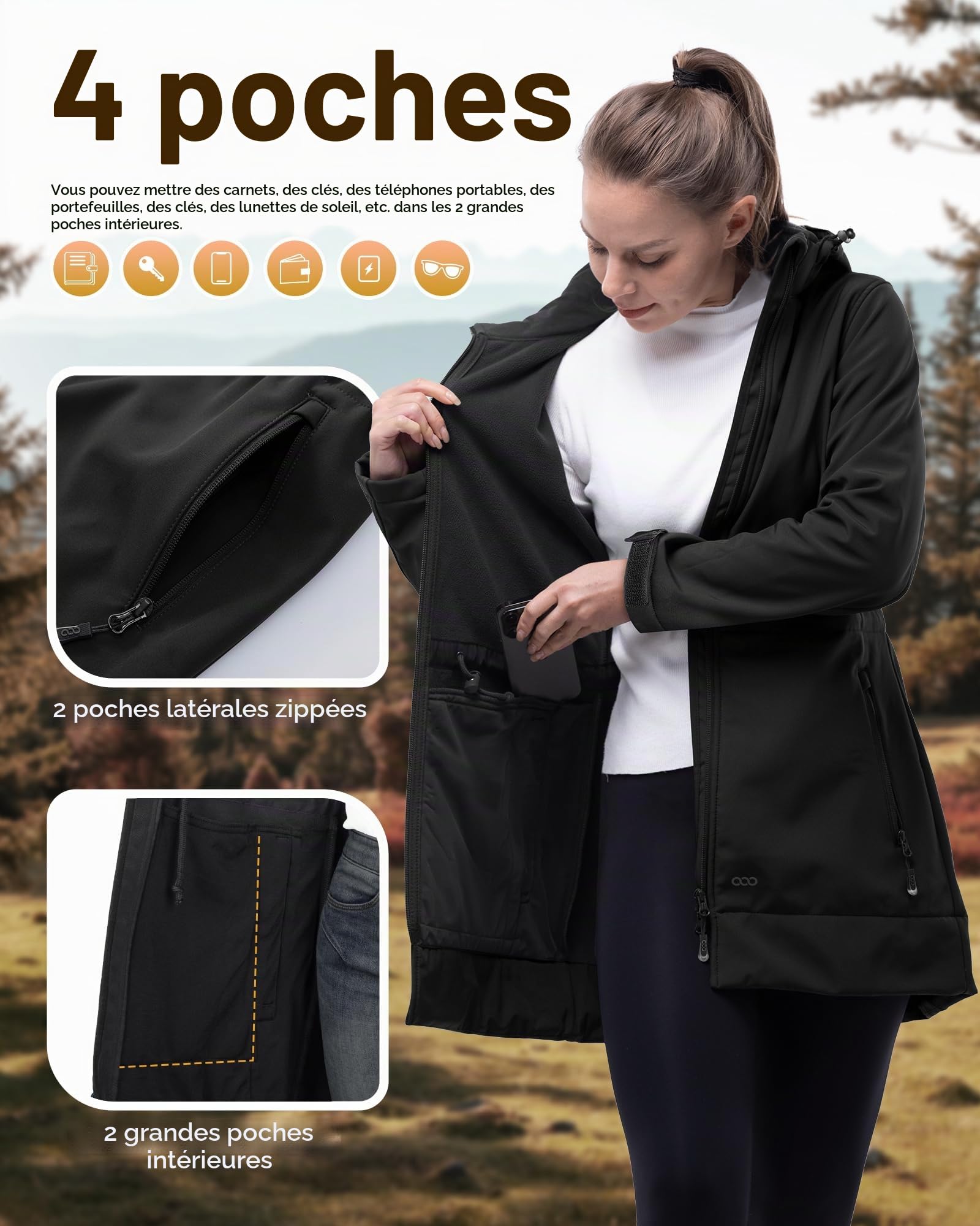 33,000ft Femme Veste Softshell Imperméable Longue Légère Jacket À Capuche Veste de pluie softshell Blouson Coupe Vent pour Activites En Exterieur Course à pied Randonnée Noir XL