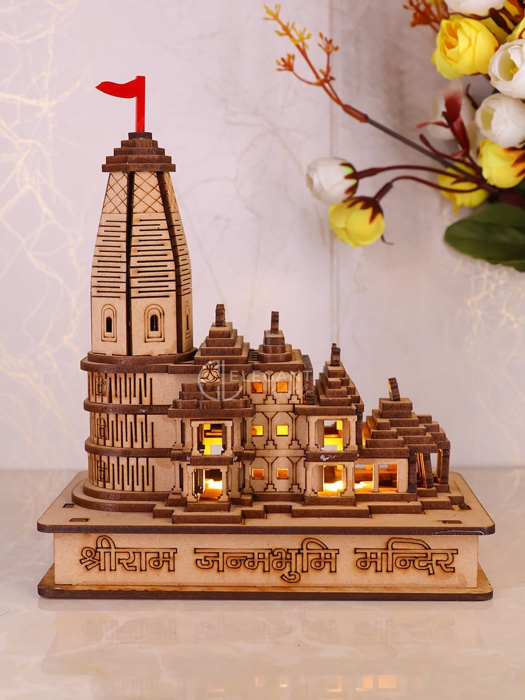 Goelite Ram Mandir Ayodhya Wooden Temple Model 6 Inches Decorative Statue with Light Ideal for Home Décor and Gifting 1
