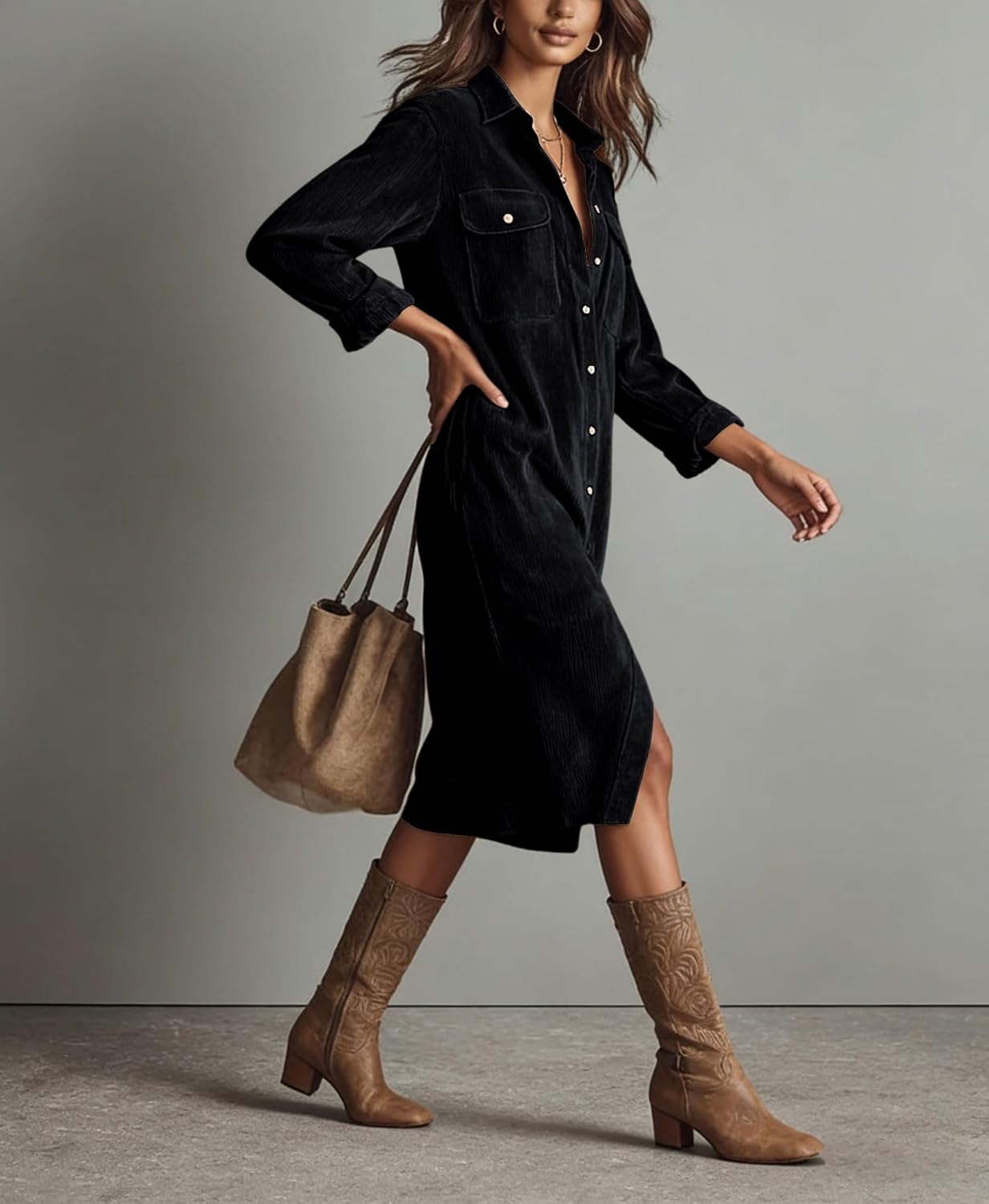 chouyatou Women's Fall Corduroy Button Down Shirt Dress Casual Lapel a Line Pleated Tunic Shift Midi Long Dress - Image 6