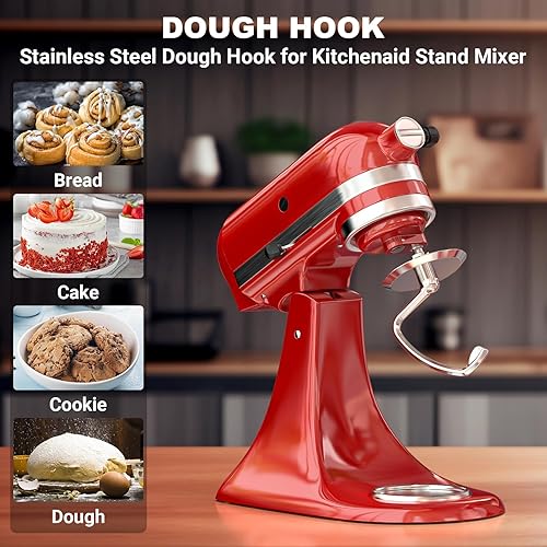 Miniatura 3 de Gancho de masa de acero inoxidable pulido y accesorio de batidor de 6 hilos para Kitchenaid 4.5-5 cuartos de galón, para accesorios Kitchenaid para