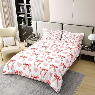 Homewish Valentine's Day Love Heart Kids Duvet Cover Set Queen Size 100% Cotton,Princess Bowknot Bow Tie Room Decor,Geometric Patchwork Simple Quilt Cover,Chic Red,2 Pillowcases(No Filler)