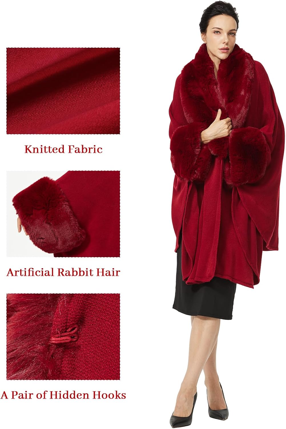 Women Cape Poncho with Fur Trim Winter Faux Fur Shawl Wrap Coat Sleeveless Cardigan Cloak - Image 4