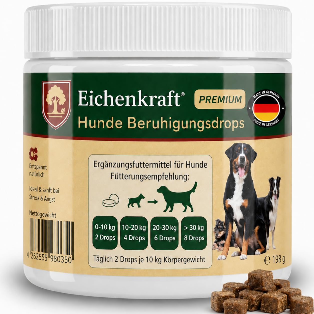 Hunde Beruhigungs Drops 270g | Kausnacks Hund für Beruhigung & Entspannungs- Anti-Stress-Mittel mit Baldrian, Ashwagandha, Johanneskraut, Hund beruhigen, Silvester, Autofahrt, Stress, Leckerli