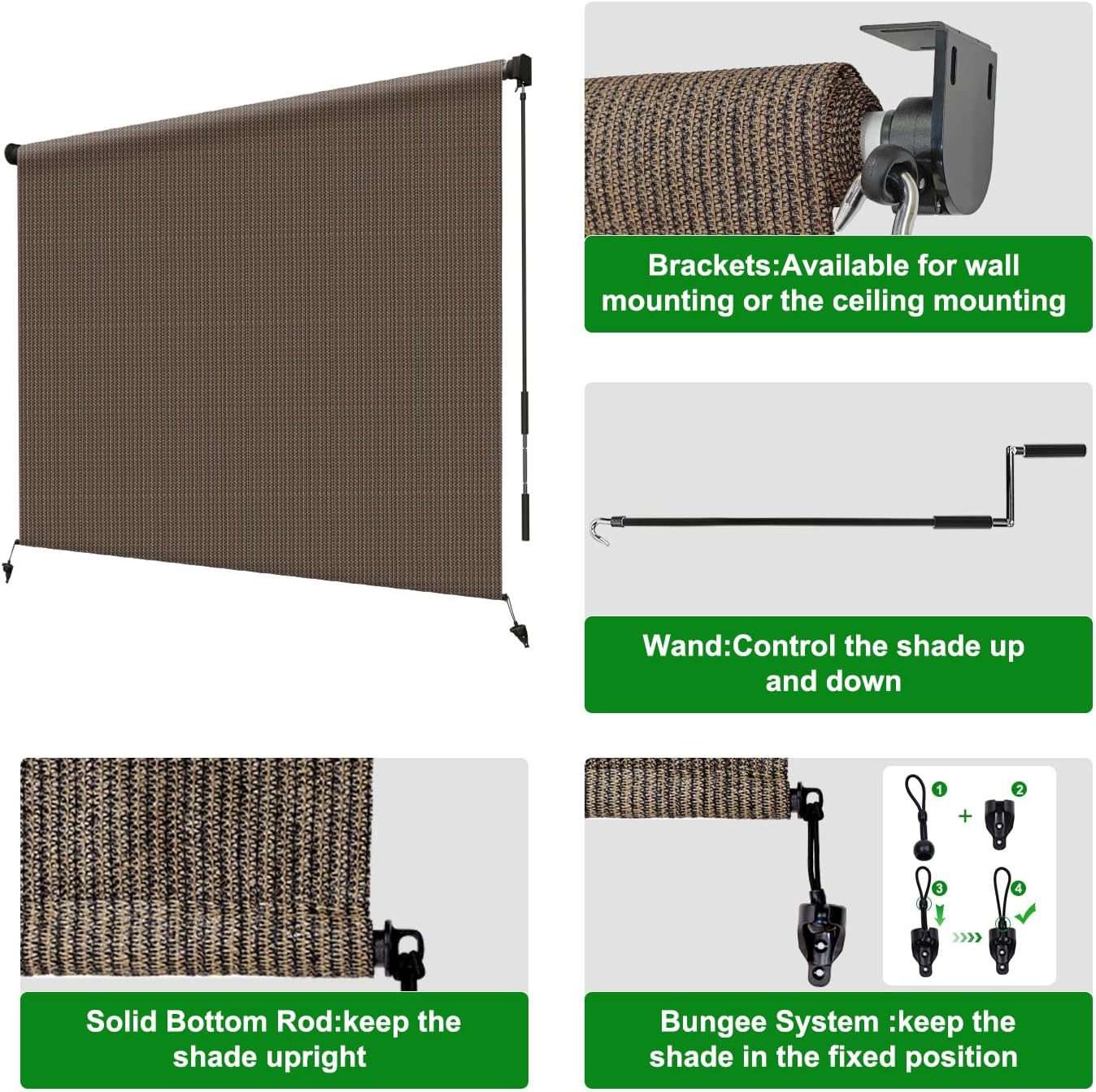HENG FENG Outdoor Roller Shade 8' W x 6' H with Splicing Design Cordless Exterior Patio Shades with Wand for Porch & Gazebo, UV Block & Weather Resistant,Mocha