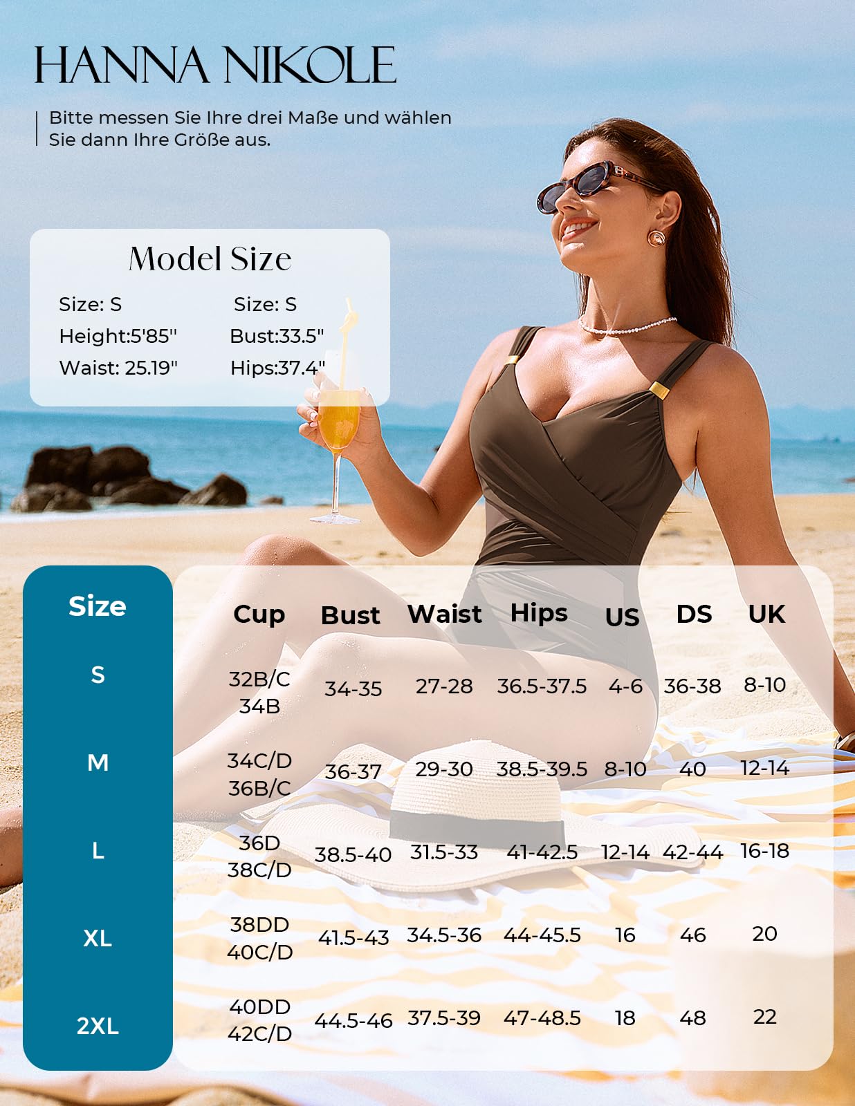 Hanna Nikole Costume da bagno da donna, con push-up, costume da bagno sexy in mesh, costume da bagno, stile snellente, scollo a V, monokini