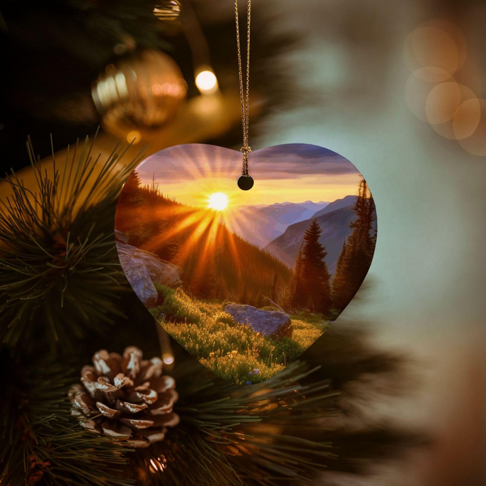 Christmas Tree Ornaments Ceramics Christmas Decorations Rocky Mountain Sunset Sunshine Ornaments with Gold Ribbon Porcelain Xmas Tree Crafts Heart Shape Hanging Pendant for Christmas Tree Party Decor