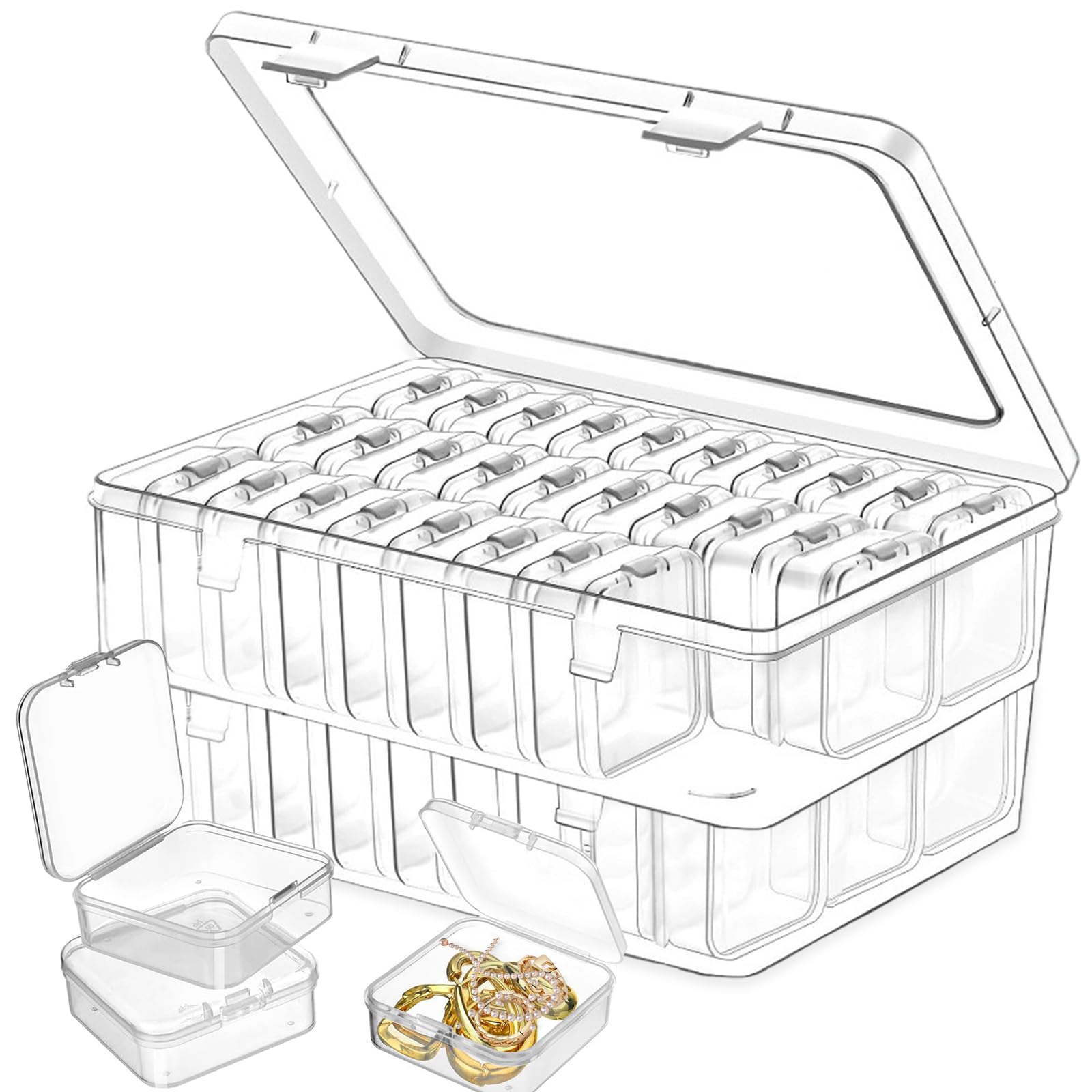 JSUOEO 60 PCS Bead Storage Box, Mini Individual Storage Boxes with Lid and 2 Large Plastic Containers for DIY Diamond Art Accessories Craft Jewellery Small Items