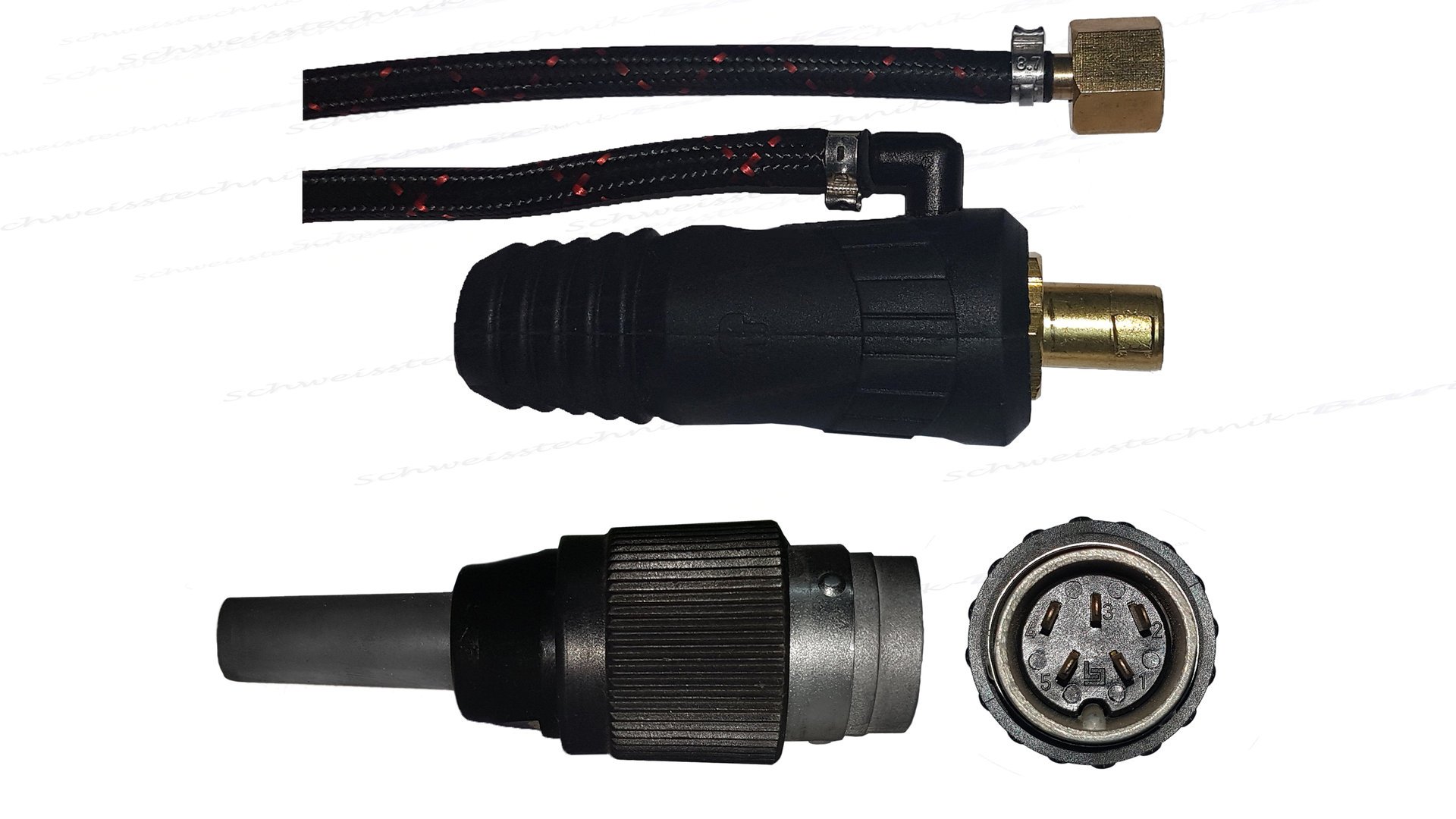 SR-17F Schlauchpaket mit Flexiblem Brennerhals, 5 Poligem Tuchel Stecker, 4 Meter,9mm Dorn & 1/8" Gasanschluss passend zu den meisten Herstellern wie Trafimet, Lorch, Ewm u.v.m