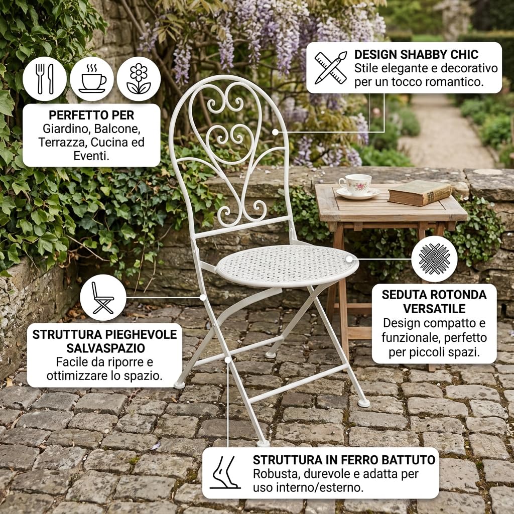 DiKasa Sedia Pieghevole in metallo bianco stile shabby chic - Sedia in ferro battuto con seduta rotonda senza braccioli, salvaspazio per giardino, balcone, cucina, terrazza ed eventi, 40x54x94 cm