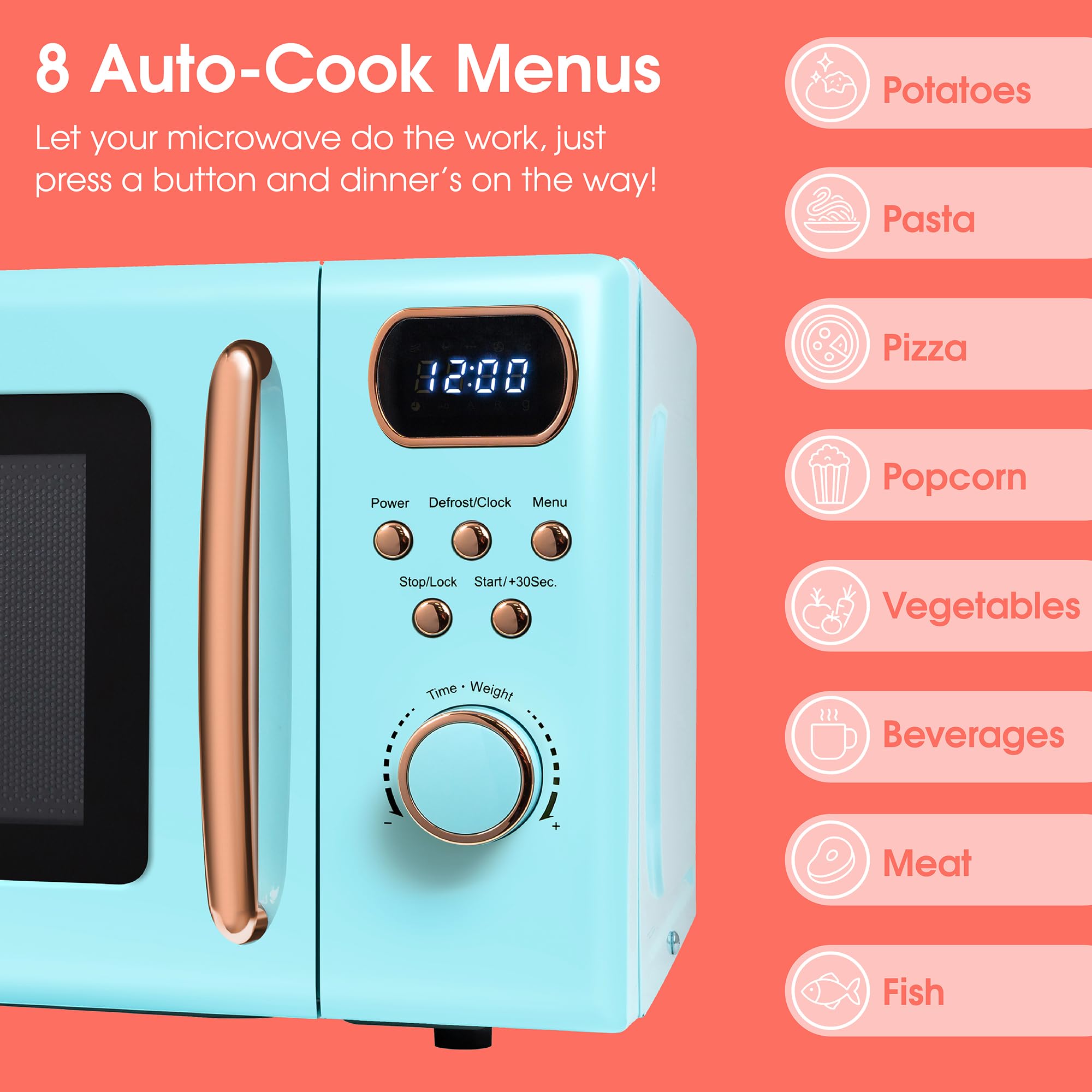 Abode Retro Microwave 20 Litre Blue with Rose Gold Accent Digital 800W, Mirror Finish, 8 Auto Cook Settings & Defrost, 5 Power Levels AMD2004GRG