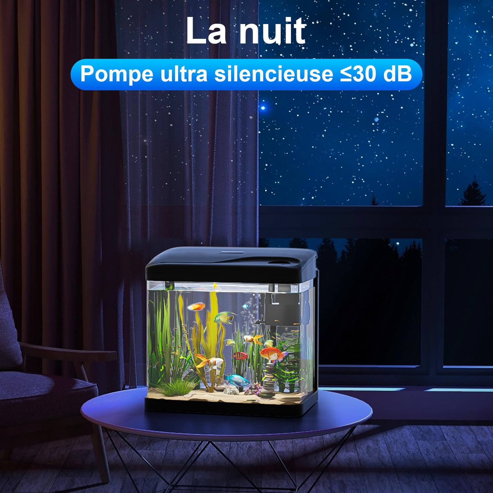Aquarium Complet 15L,Aquarium en Verre,Aquariums Poisson Rouge,avec Système de Filtration,Couvercle et lumières LED, Pompe à Eau,pour Poissons Combattants, Poissons Rouges, Noir