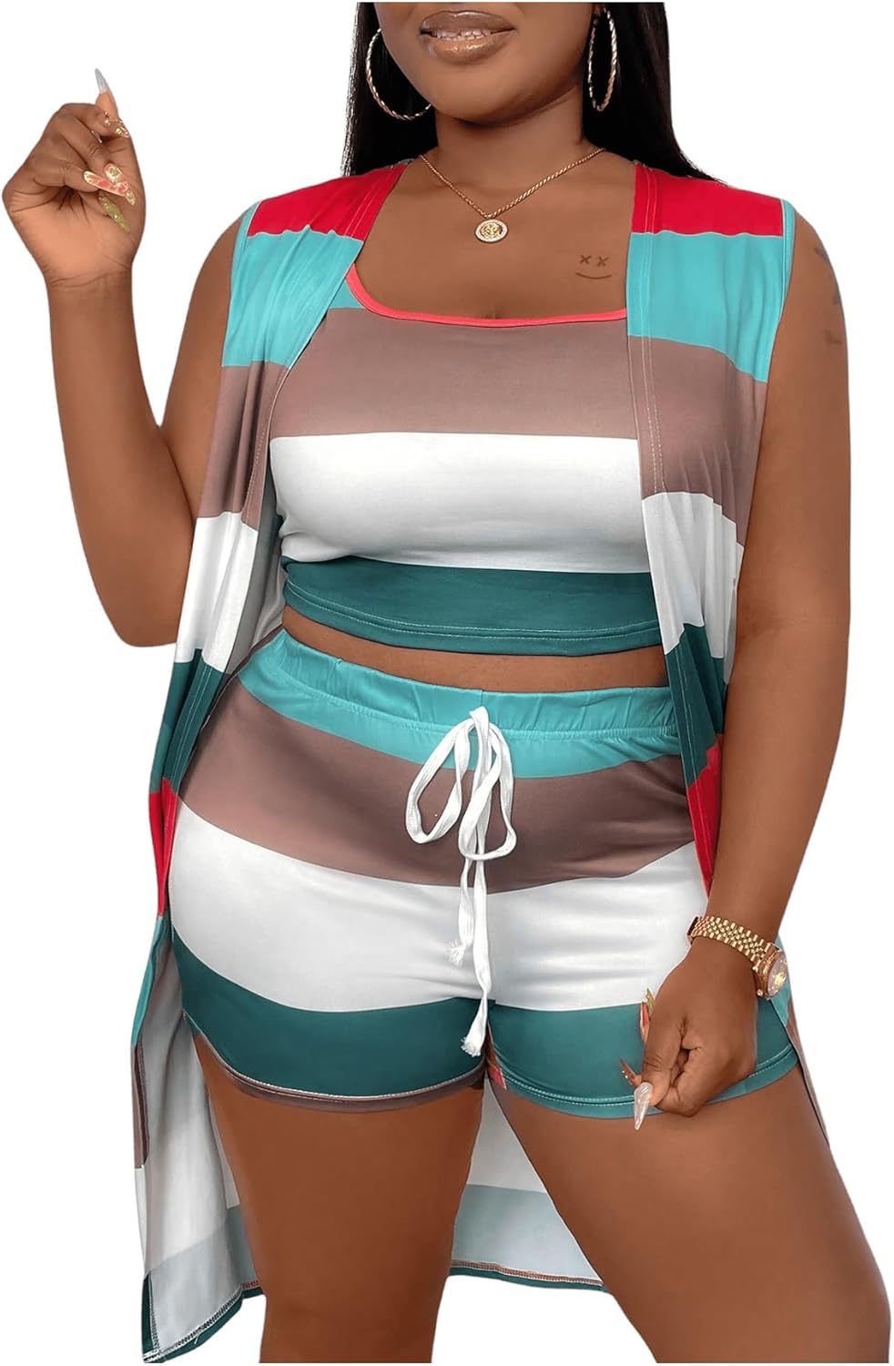 SHENHE Women's Plus Size 3 Piece Outfits Colorblock Striped Tank Top and Shorts Set with Cardigan Green 1XL