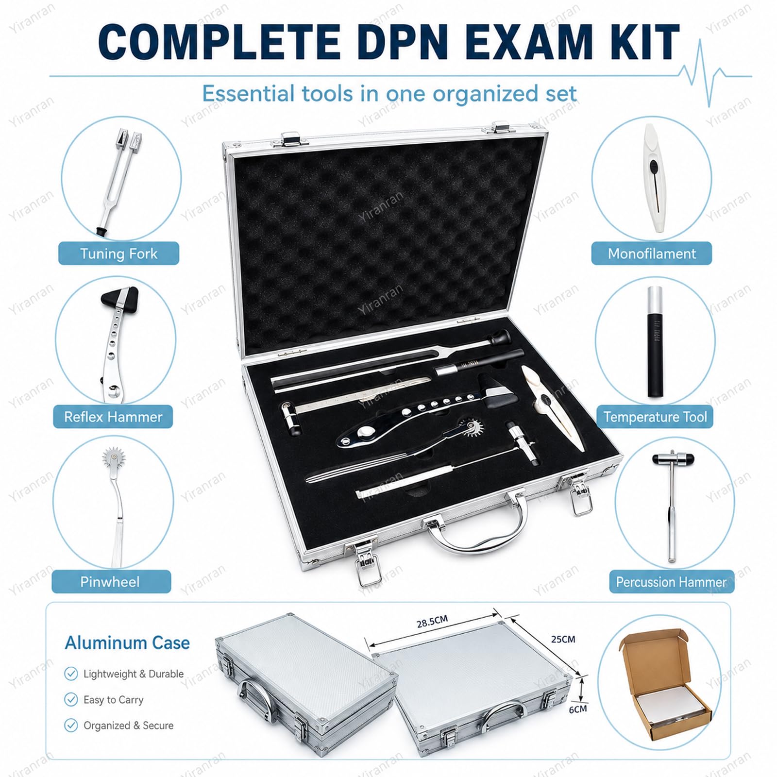 Set diagnostico per Esame neurologico, Kit di percussioni da 7 Pezzi per Test di sensibilità, Strumenti per Test sensoriali, per Test clinici di sensibilità e Vibrazione