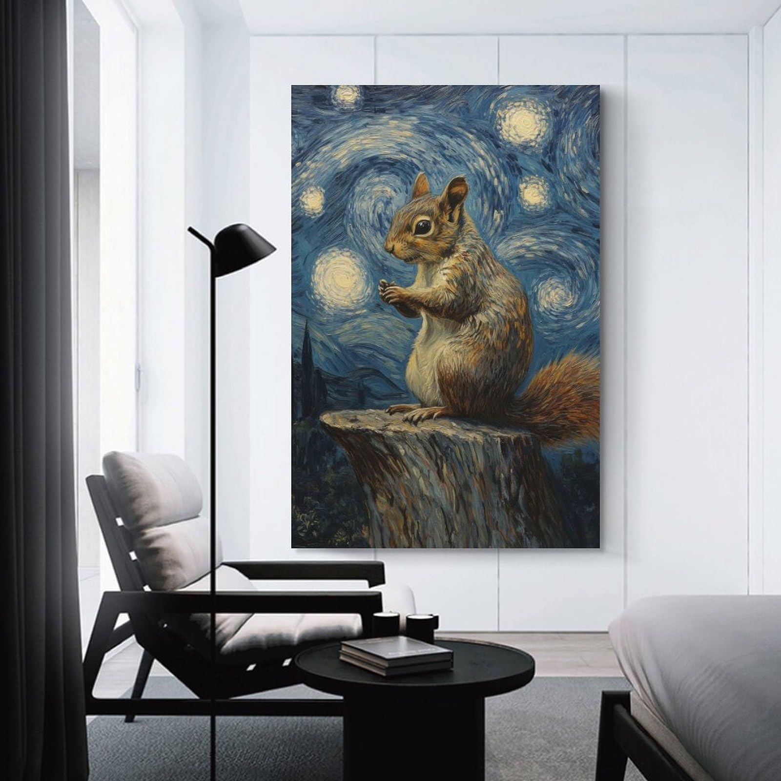 Junmoney Canvas Wall Decor Squirrel Under Starry Night, 20x30inch(50x75cm), for Flats, Guest Rooms Or Compact Rooms, Wall Decor with Flexible Room Appeal