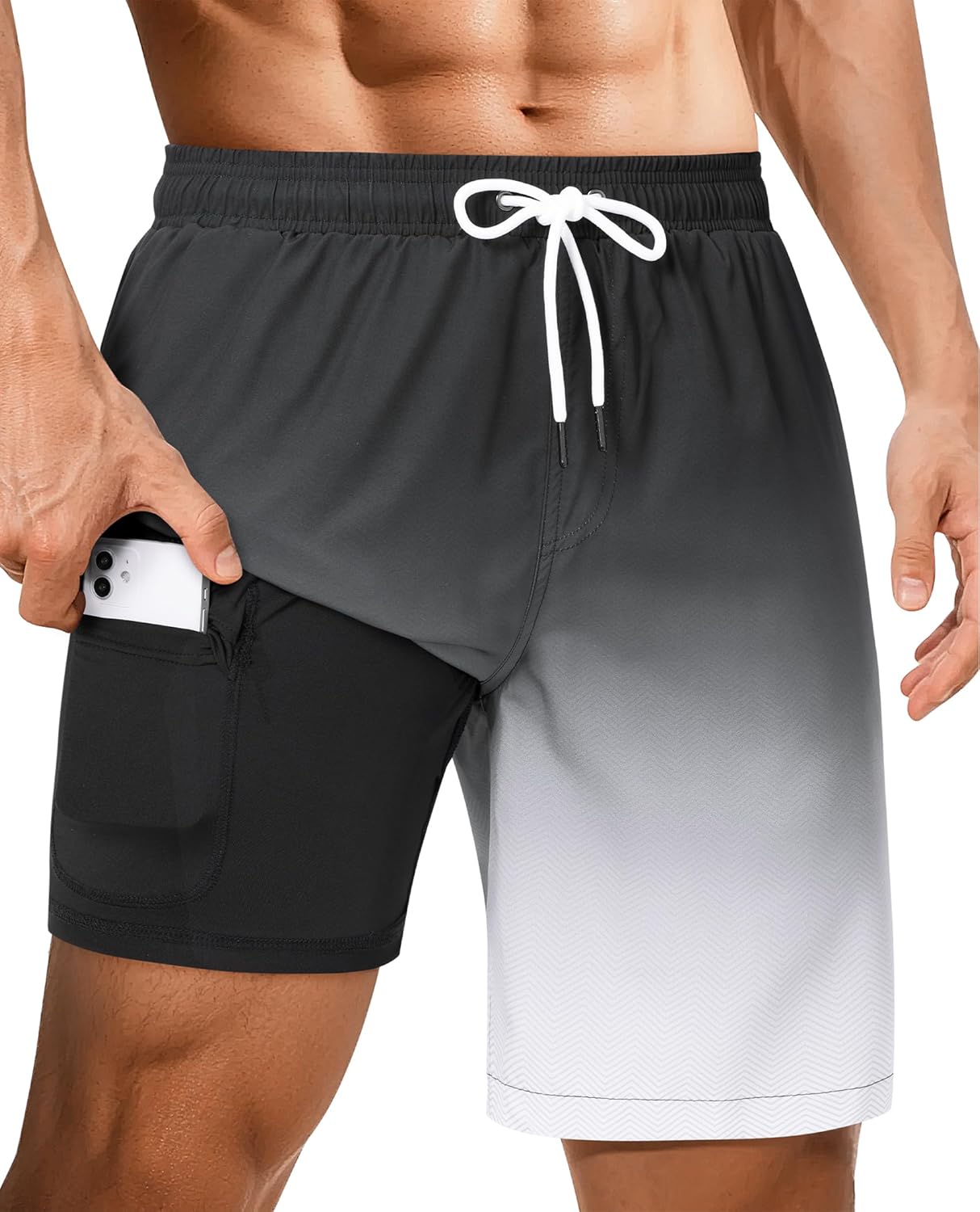Gleeease 9inch Mens Swim Trunks with Compression Liner Pockets Drawstring Quick Dry Stretch Lined Funny Beach Swimming Surf