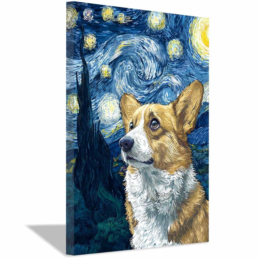 ZAMAEIU Canvas Print Wall Art Corgi Abstract Dog Animal Paintings, Suitable for living room, bedroom, for Kids Room Decoretc.(blue)-30x50cm Framed