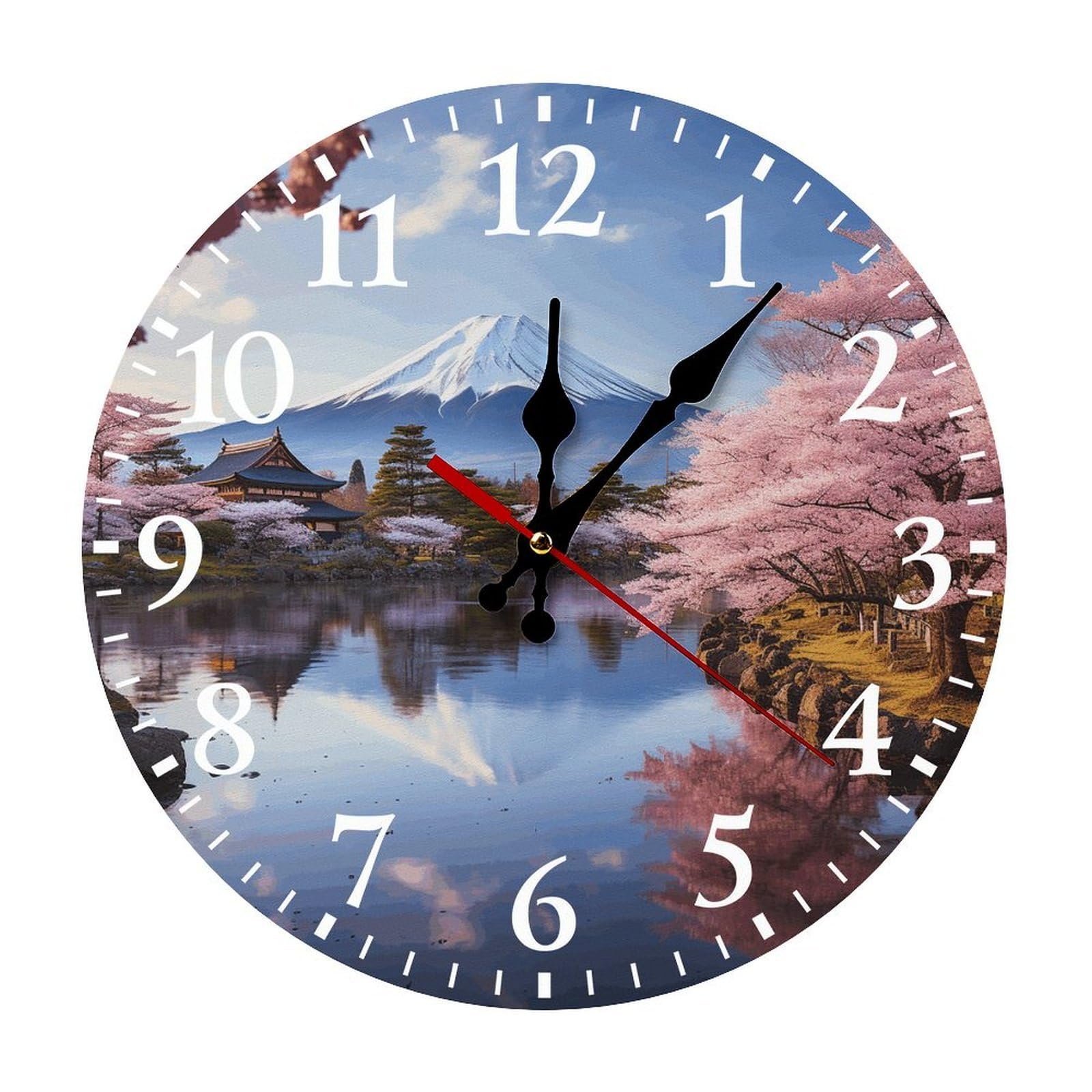 Horloge murale Mount Fuji ronde et silencieuse fonctionne à piles pour la décoration maison