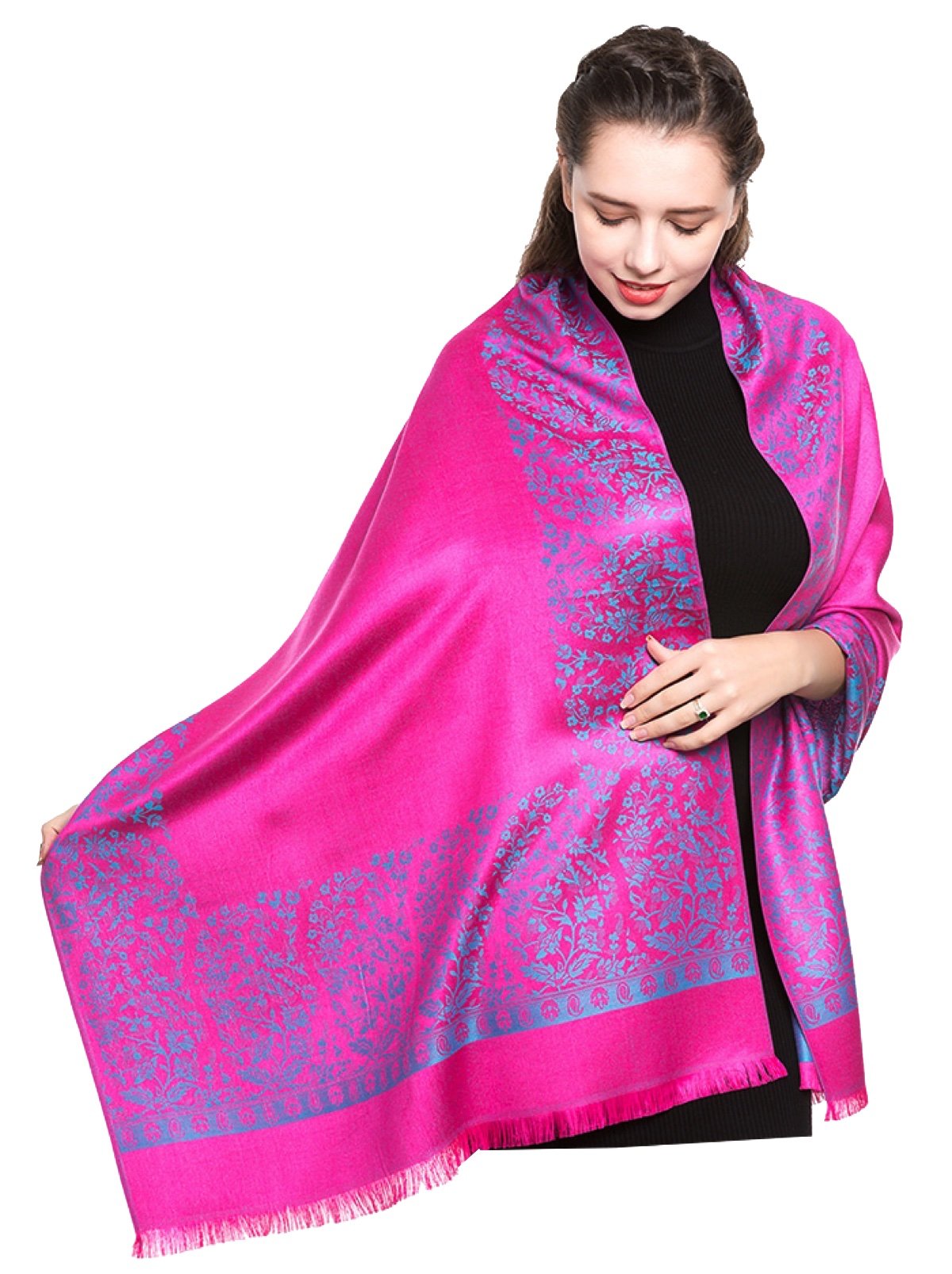 World Of Shawls Women's Hot Pink / Turquoise Reversible/Two Sided Print Self Embossed Pashmina Feel Wrap Scarf Stole Scarves Shawl (Hot Pink/Turquoise)