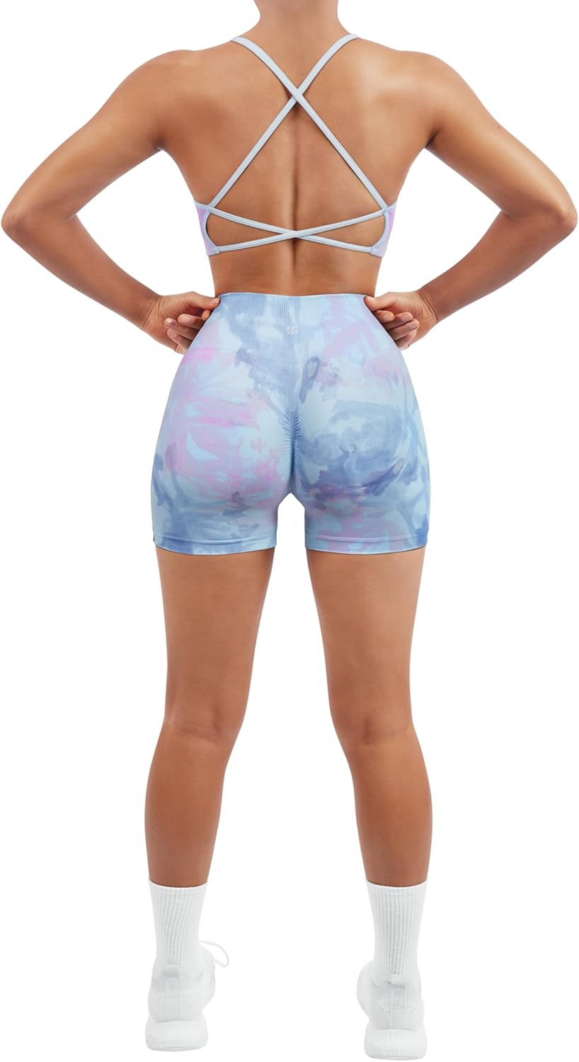 SUUKSESS Women Seamless Workout Sets Strappy Sports Bra High Waist Booty Shorts Outfits - Image 4